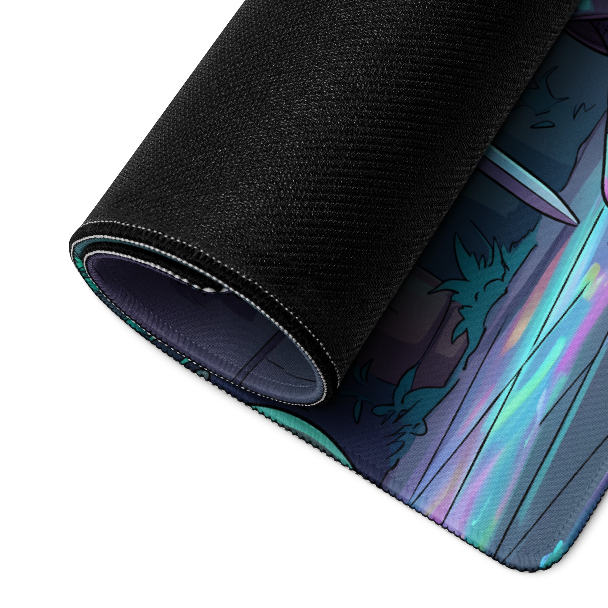A rolled-up black gaming mousepad with vibrant teal and purple neon knight anime illustration for esports use