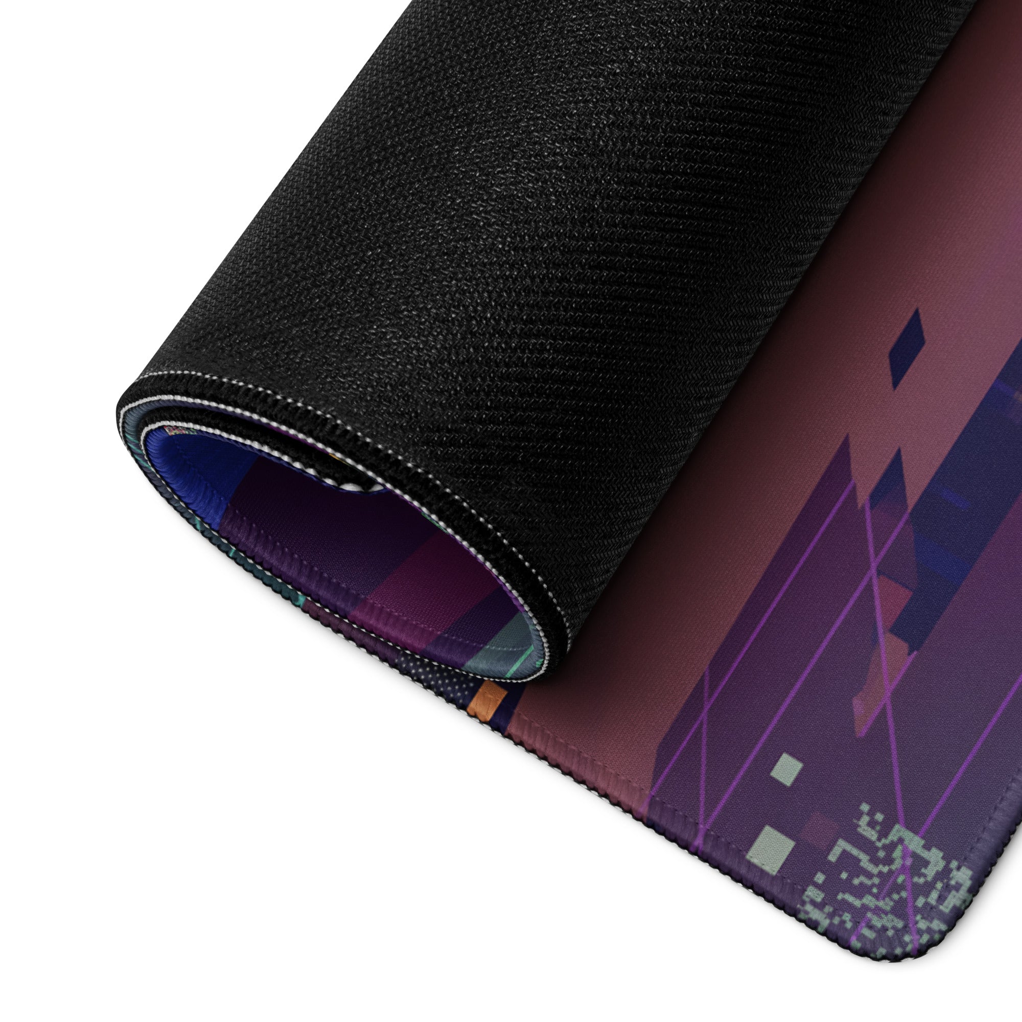 A rolled-up vaporwave neon gamer desk pad with a black textured outer layer and vibrant purple pink blue design