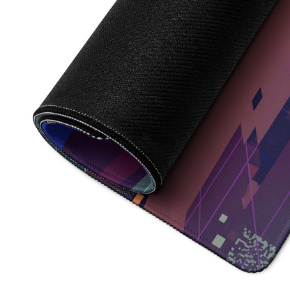 A rolled-up vaporwave neon gamer desk pad with a black textured outer layer and vibrant purple pink blue design