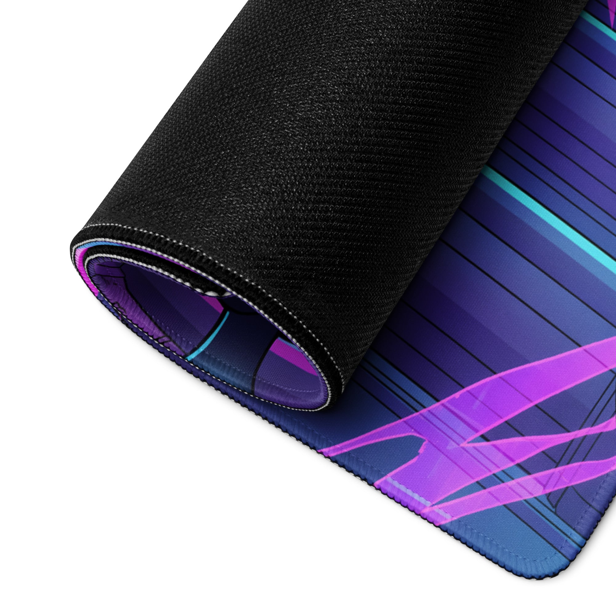 A rolled-up neon vaporwave office mouse pad with vibrant purple and blue gradient and glowing neon lines in black fabric