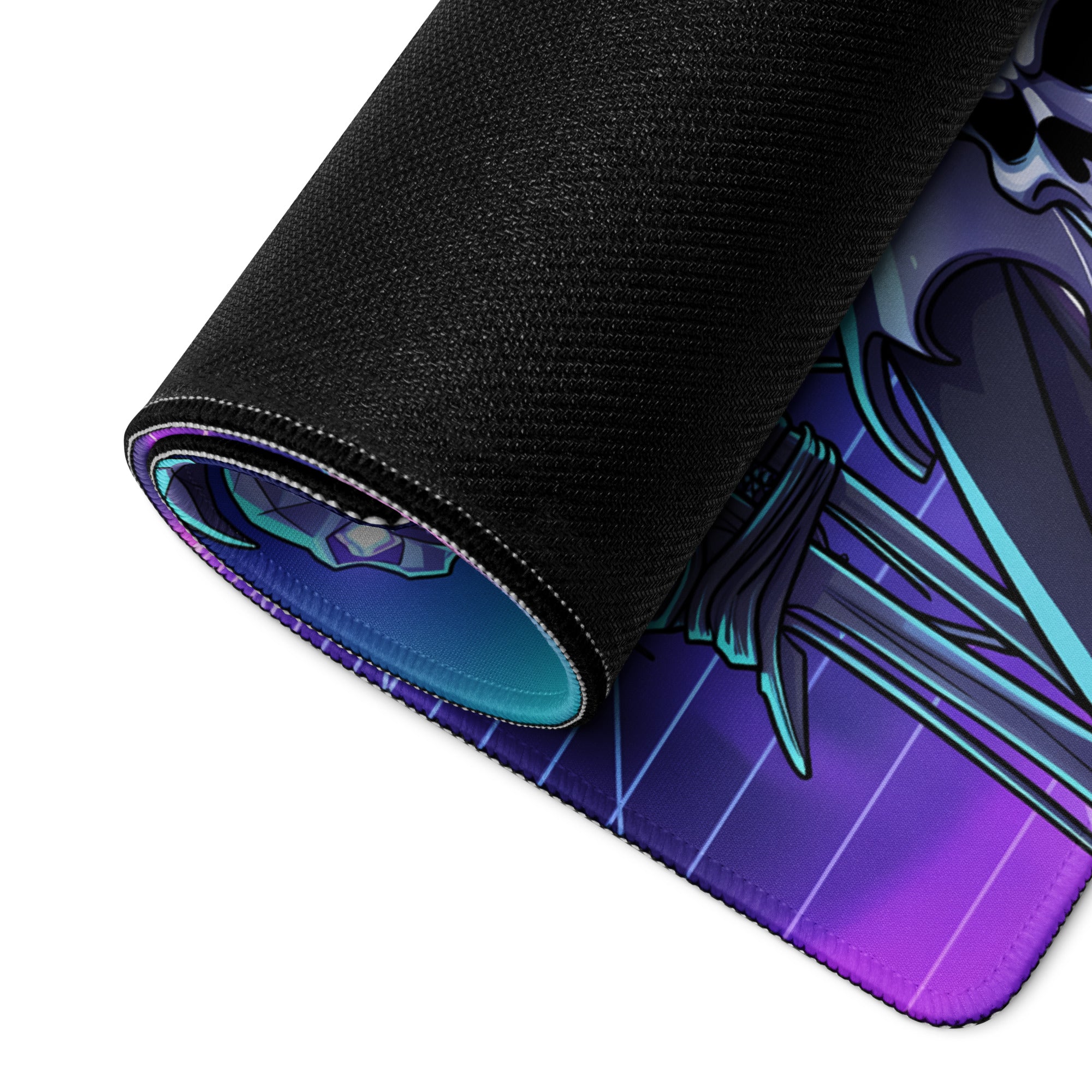 A rolled-up gaming mousepad with vibrant purple and teal anime design and black fabric edges for neon vaporwave gamers