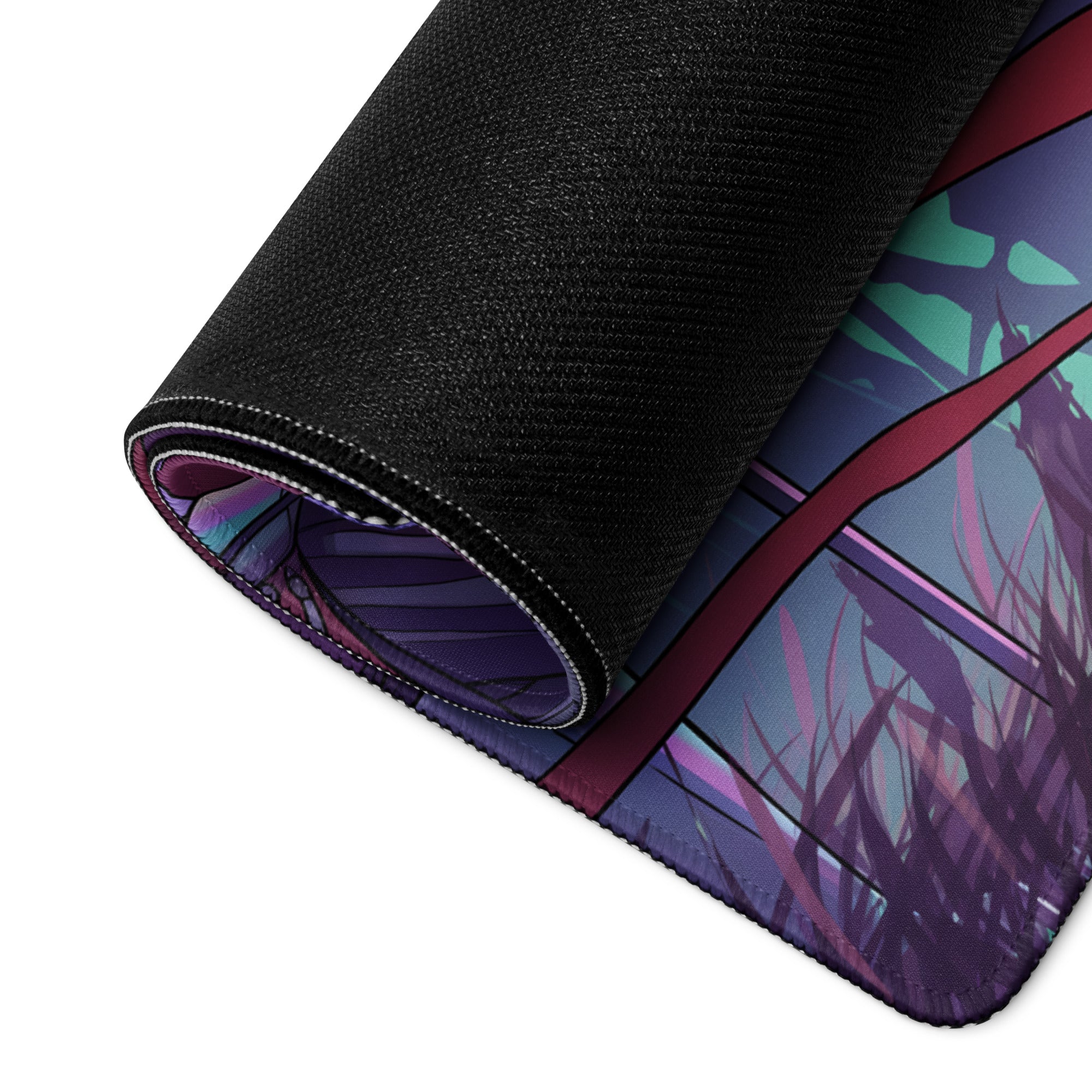Rolled-up black gaming mousepad with vibrant anime-style purple teal magenta grass and abstract shapes vaporwave neon knight pad