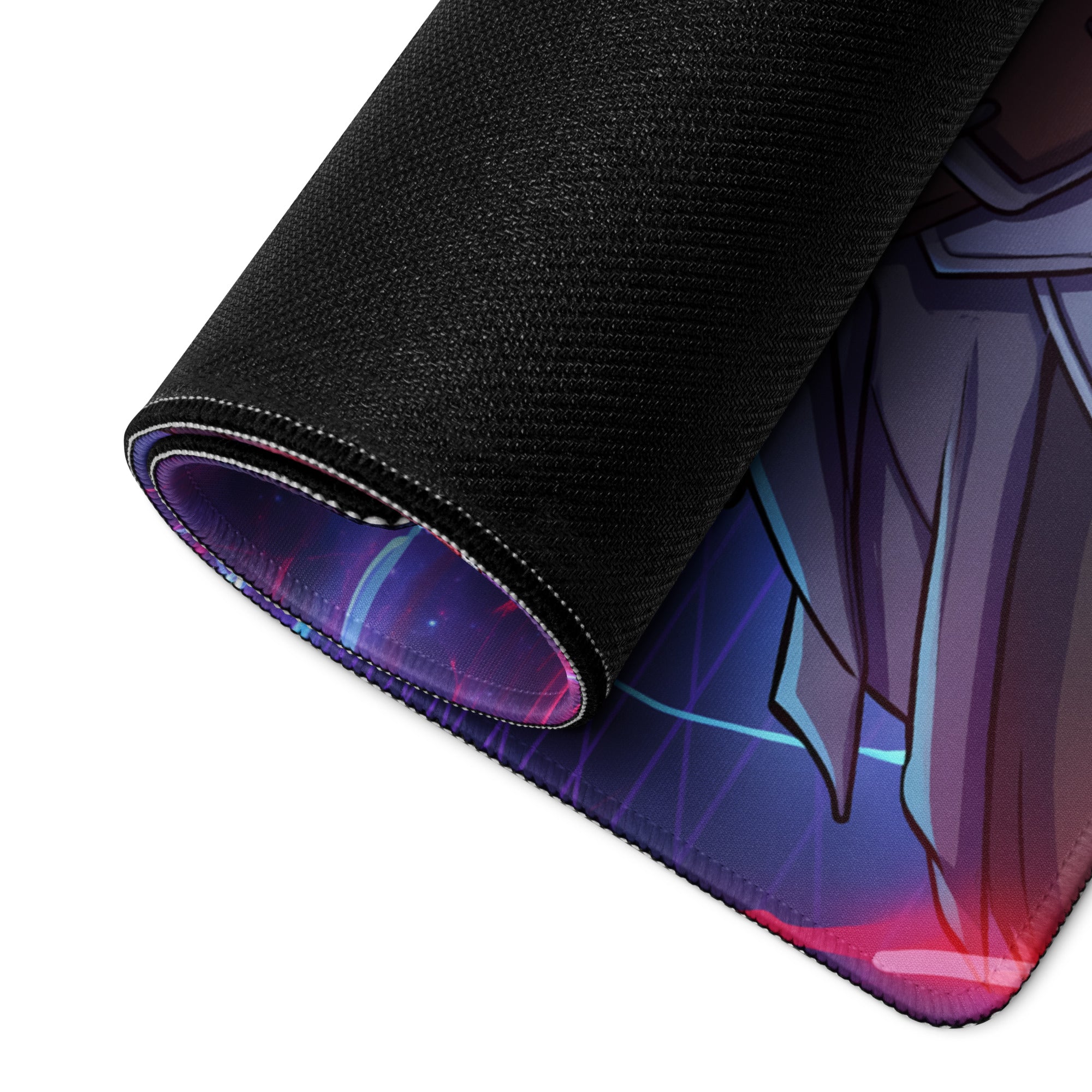 Black textured vaporwave power warrior mouse pad with rolled edge showing purple pink cosmic anime design
