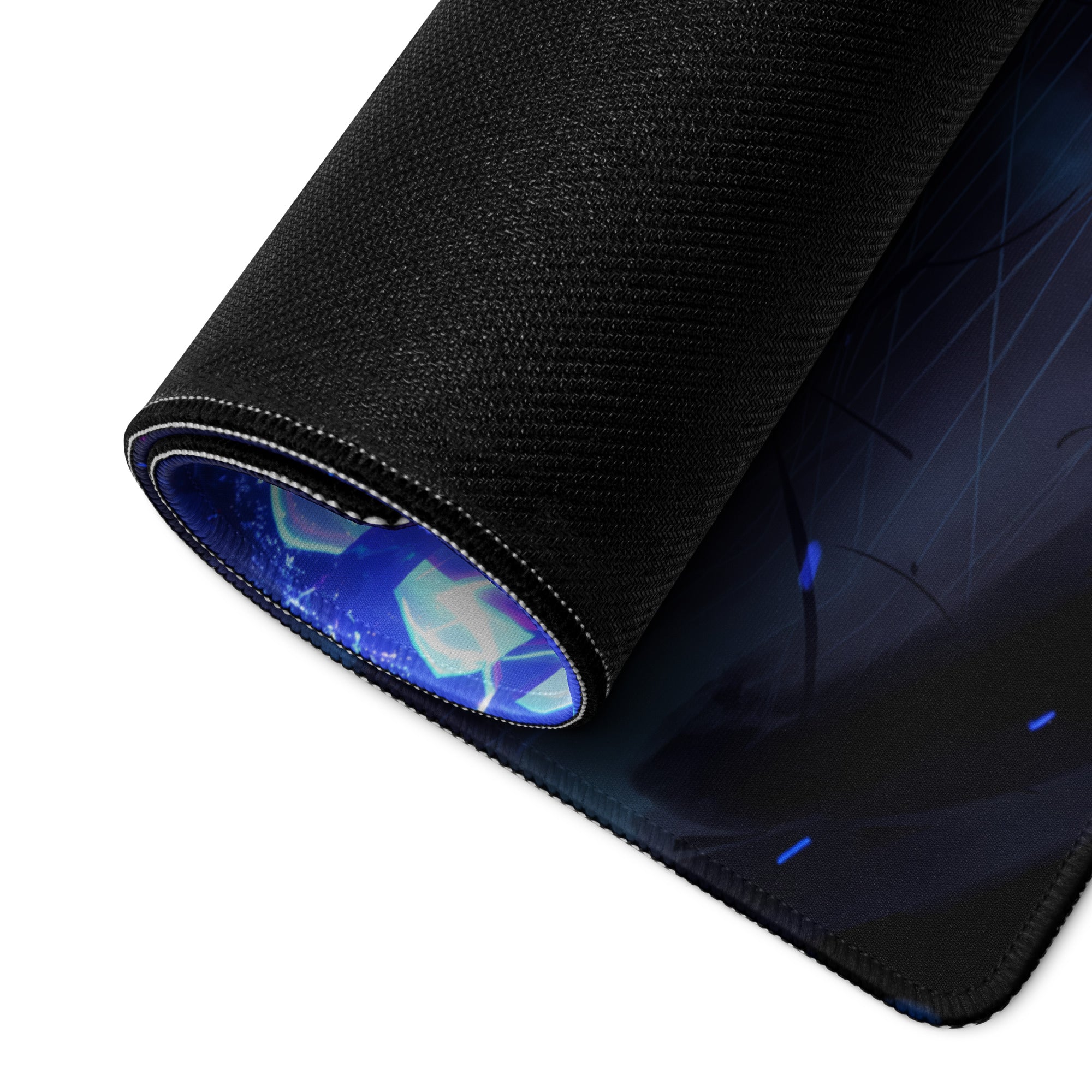 Black gaming mouse pad with textured surface and blue glowing vaporwave neon design on underside for cyberpunk desk use