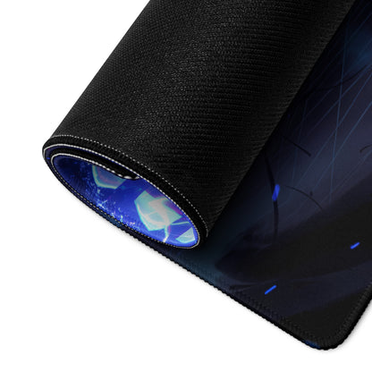 Black gaming mouse pad with textured surface and blue glowing vaporwave neon design on underside for cyberpunk desk use