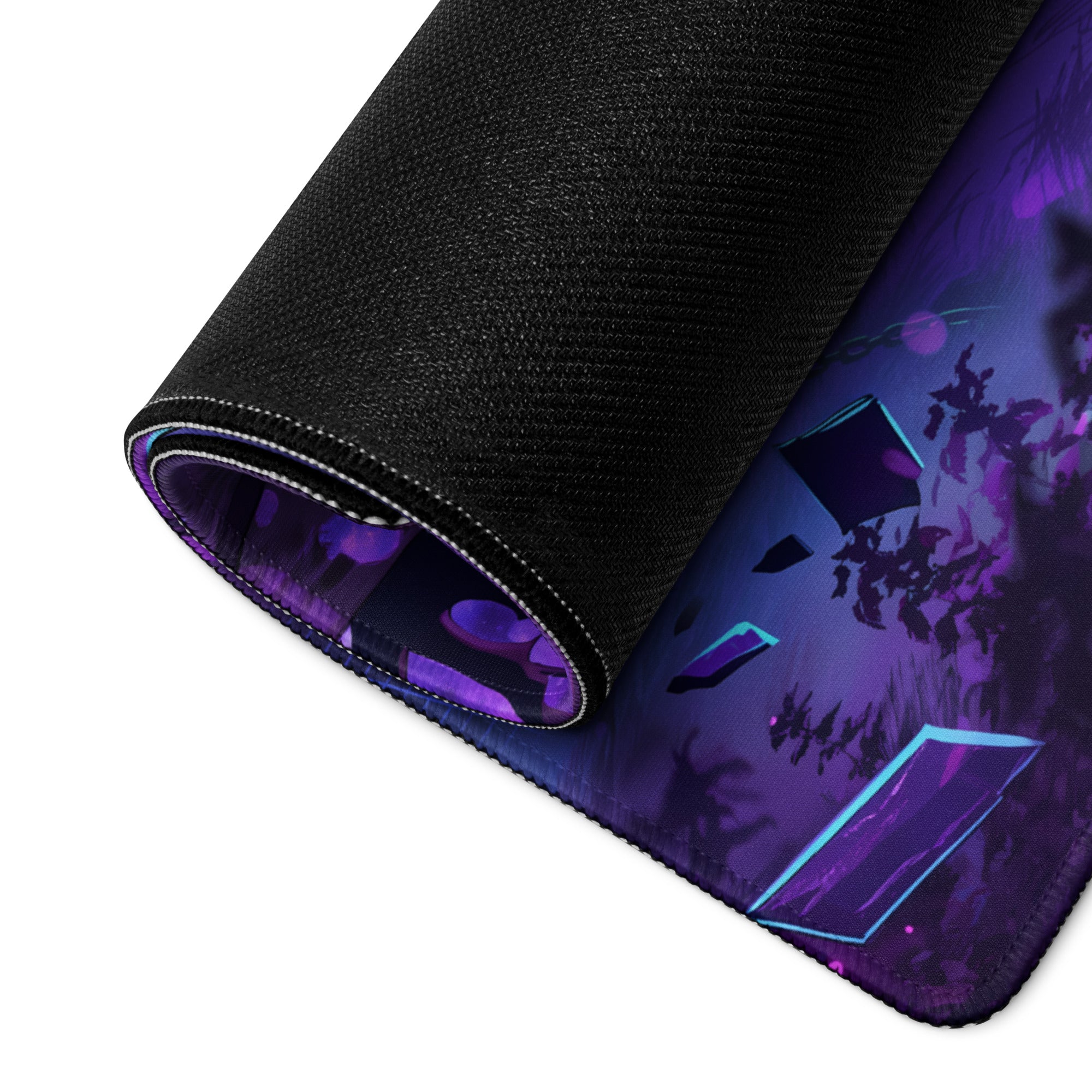 Purple and blue vaporwave neon dragon gaming mousepad with black textured underside for retro futurism desk setup