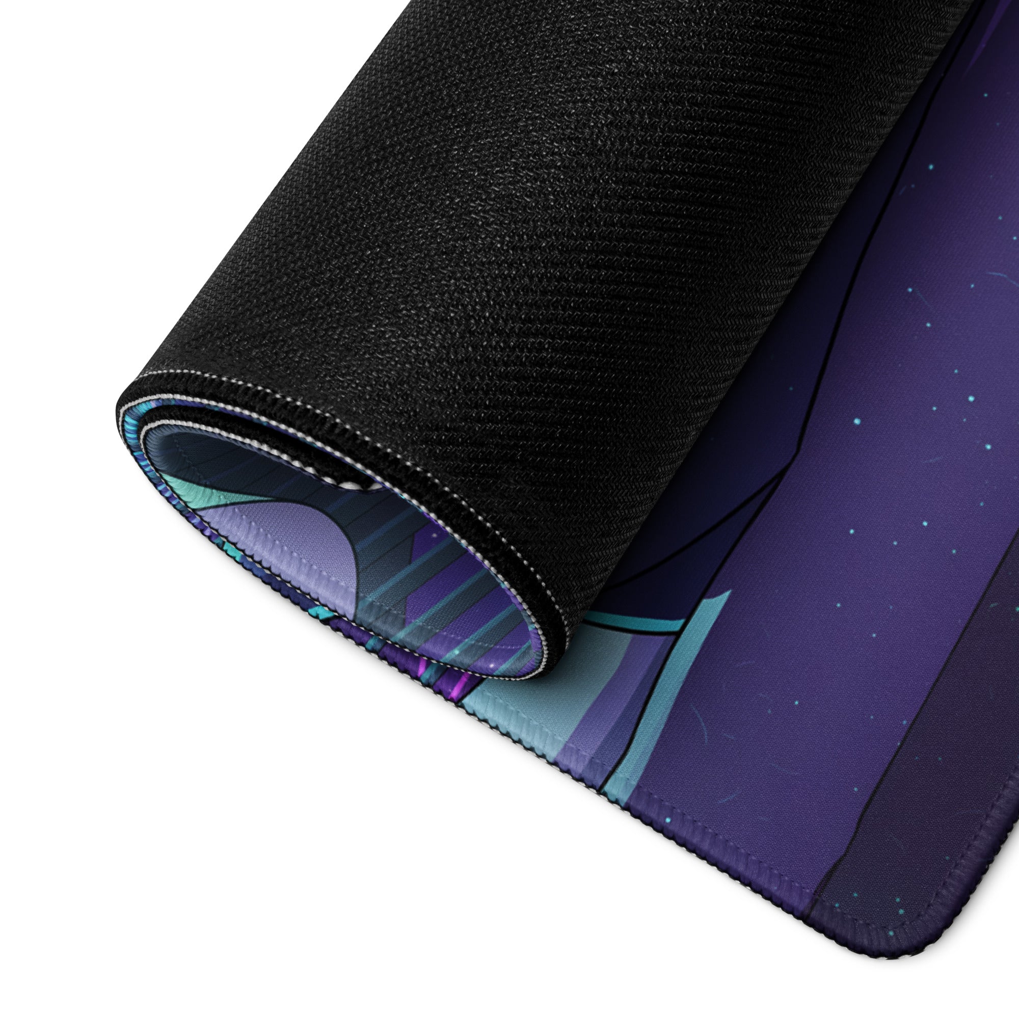 A rolled-up black neon vaporwave gaming desk pad with vibrant purple and teal anime-style starry night design
