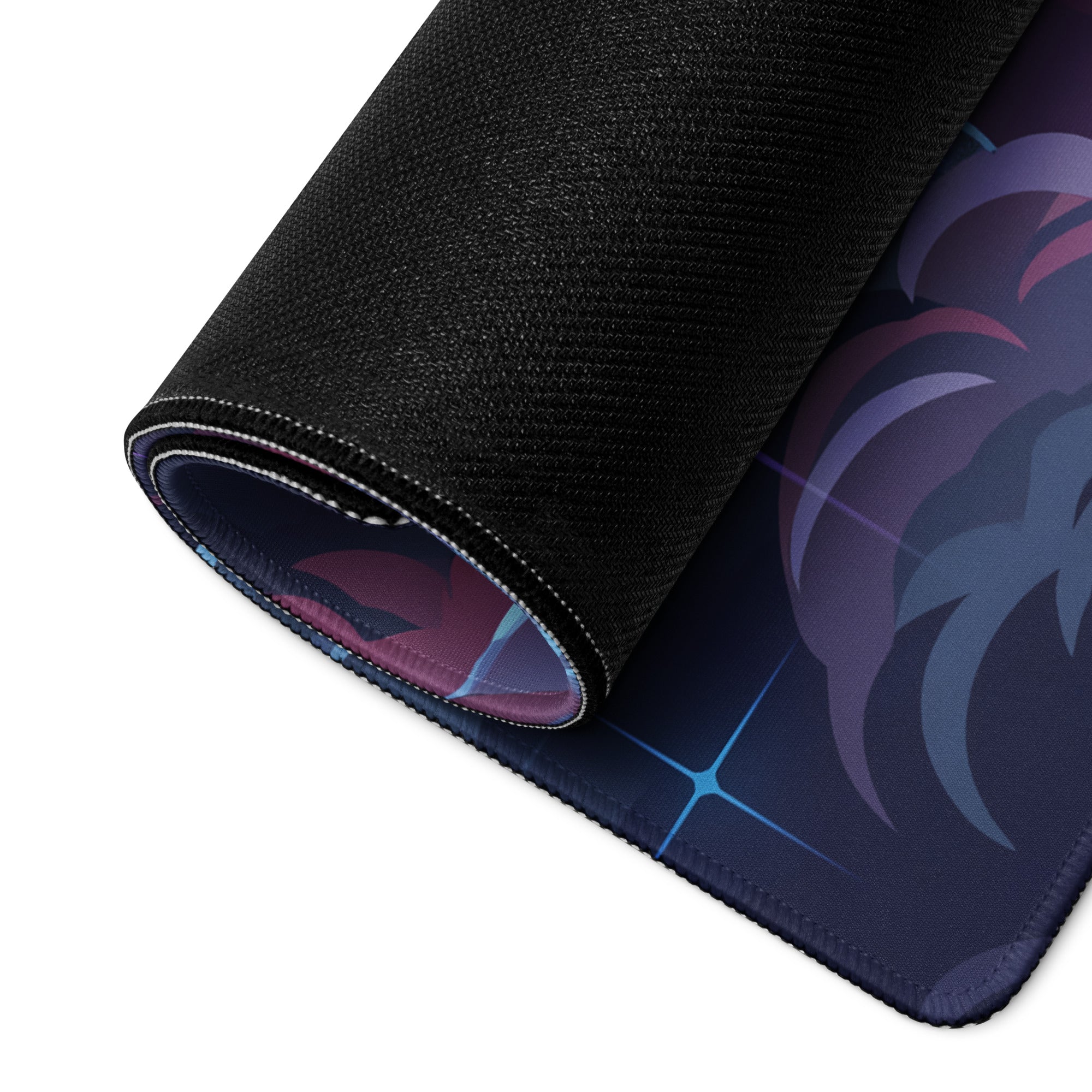 A rolled-up black gaming mousepad with vibrant purple and blue vaporwave neon abstract design for digital art decor