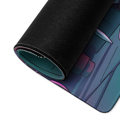 Black textured mousepad with rolled edge featuring teal and purple anime style illustration for vaporwave desk art