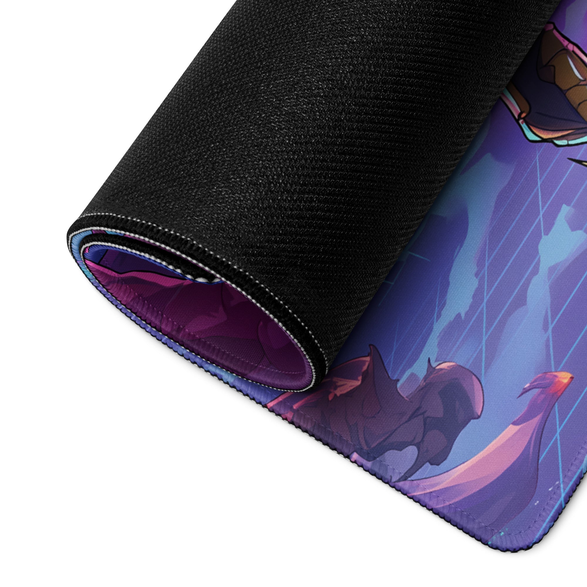 Rolled-up vaporwave dragon arena gaming mouse pad with vibrant purple blue anime illustration and black fabric border
