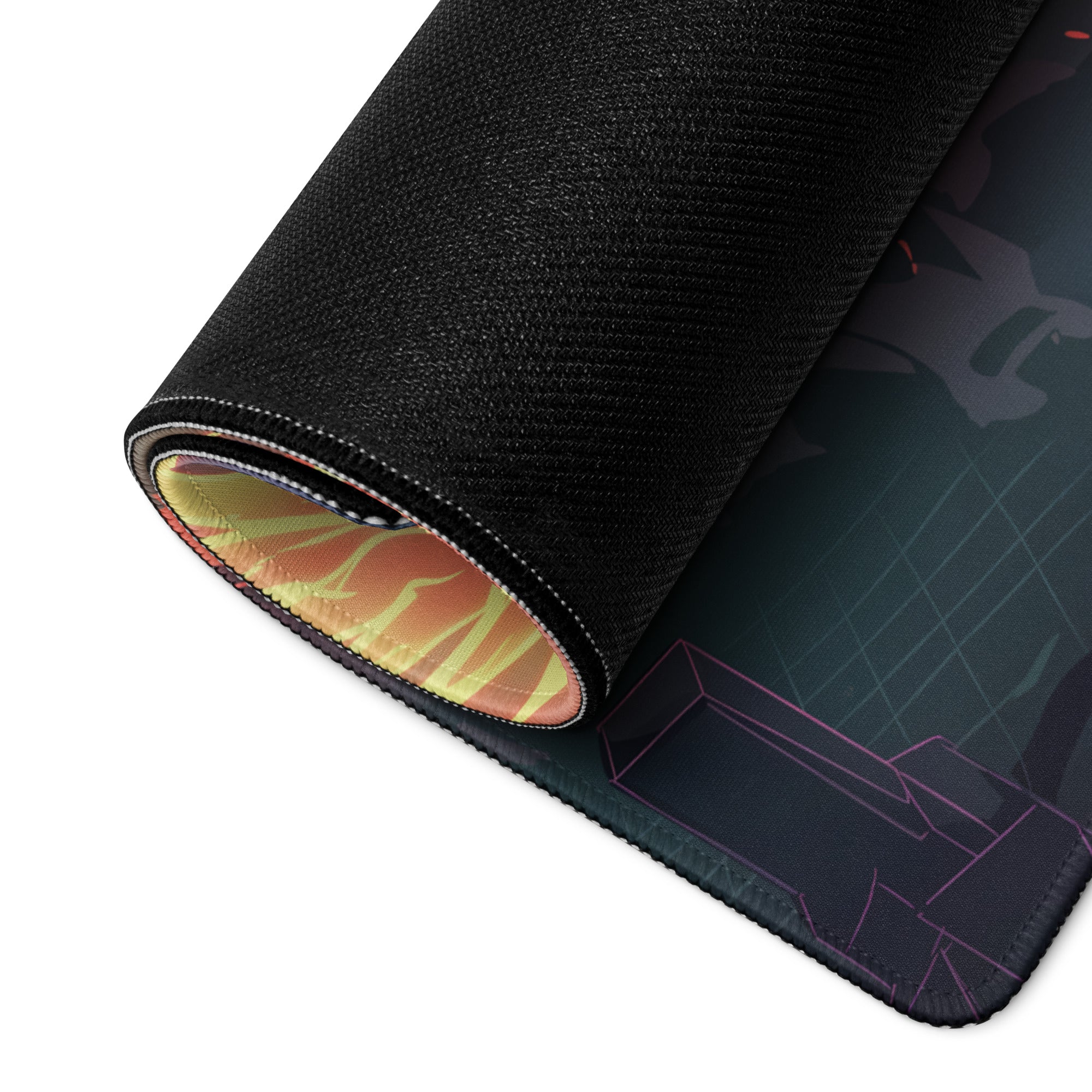 Black textured vaporwave phoenix aesthetic gaming mouse pad with vibrant orange yellow inner lining and dark graphic design
