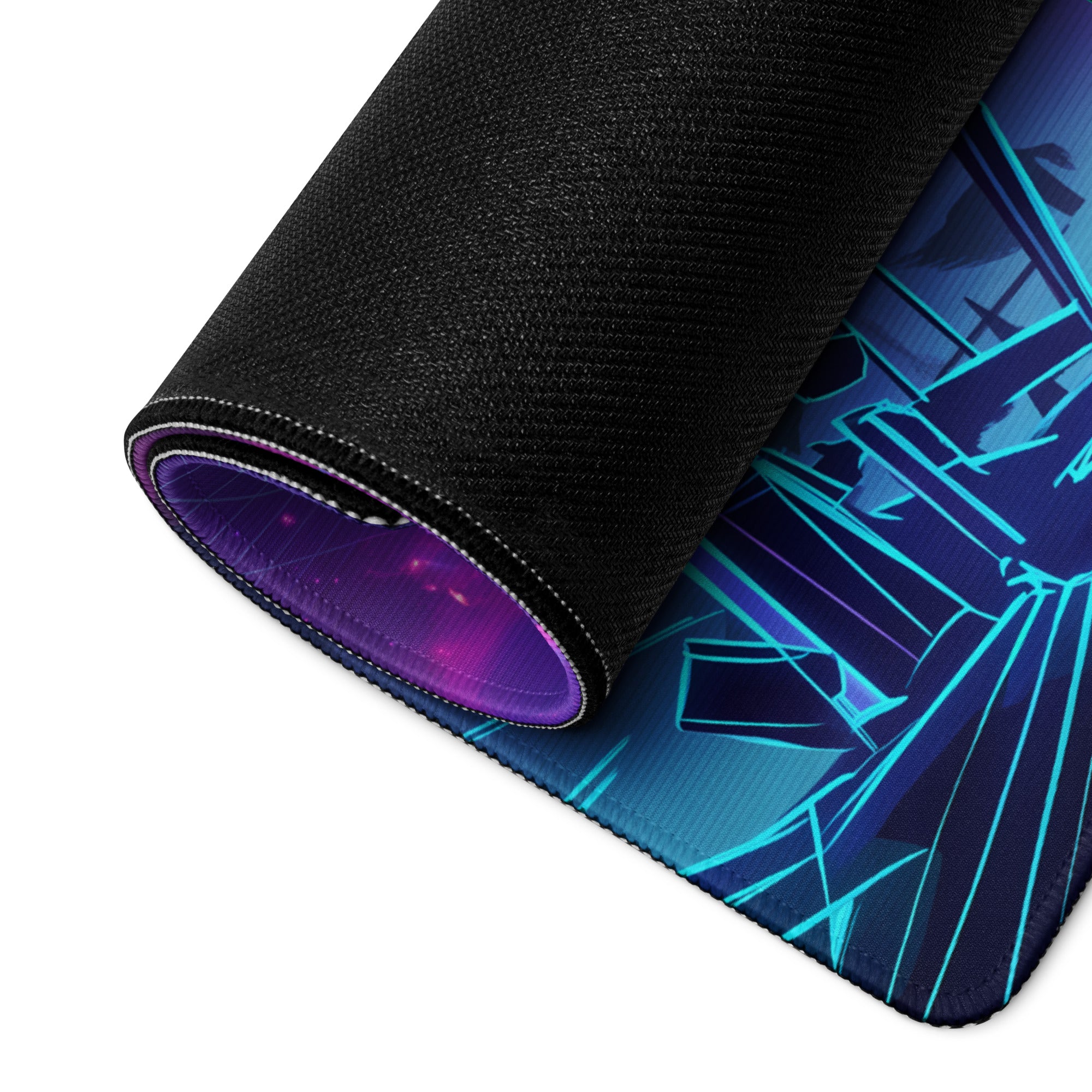 A rolled-up neon dragon vaporwave mouse pad with black textured outer layer and vibrant blue purple teal geometric patterns