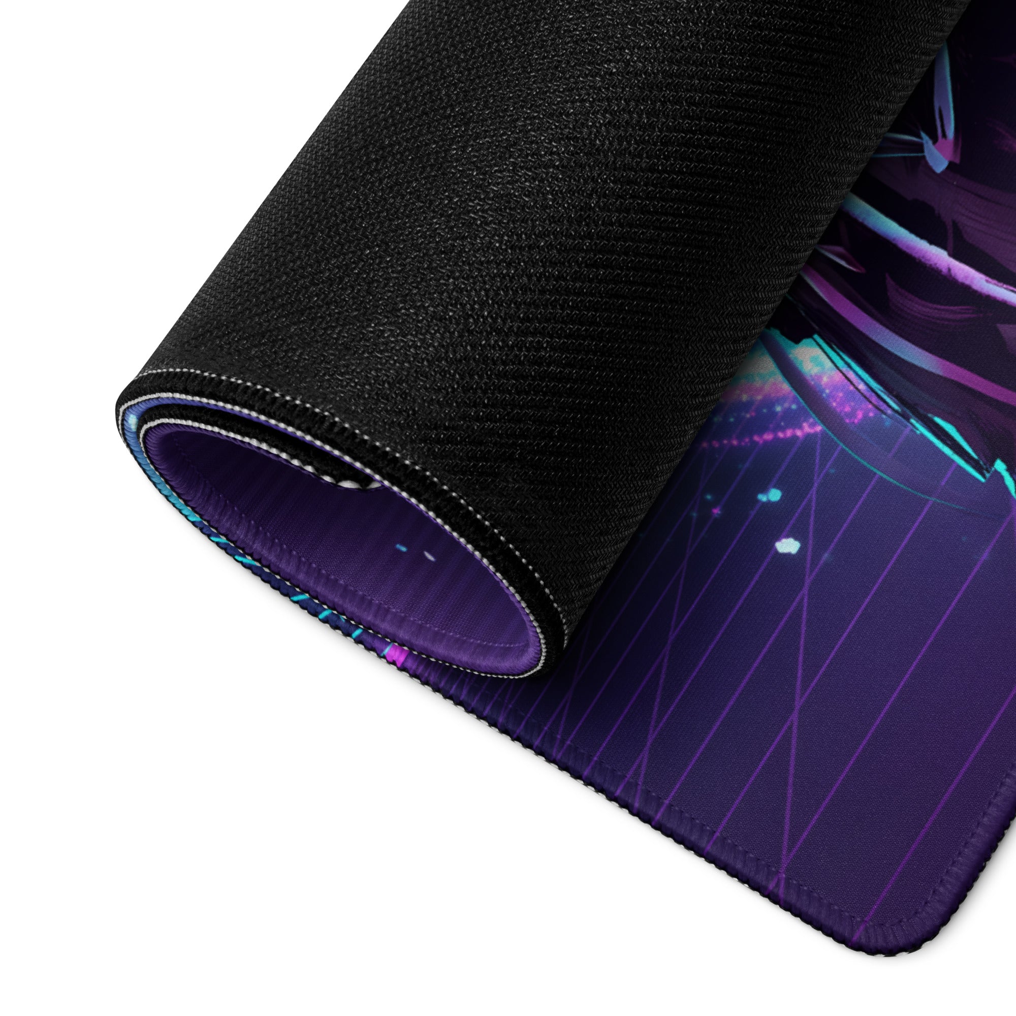 A rolled-up black gaming mousepad with a vibrant purple and teal vaporwave neon night cyberpunk design