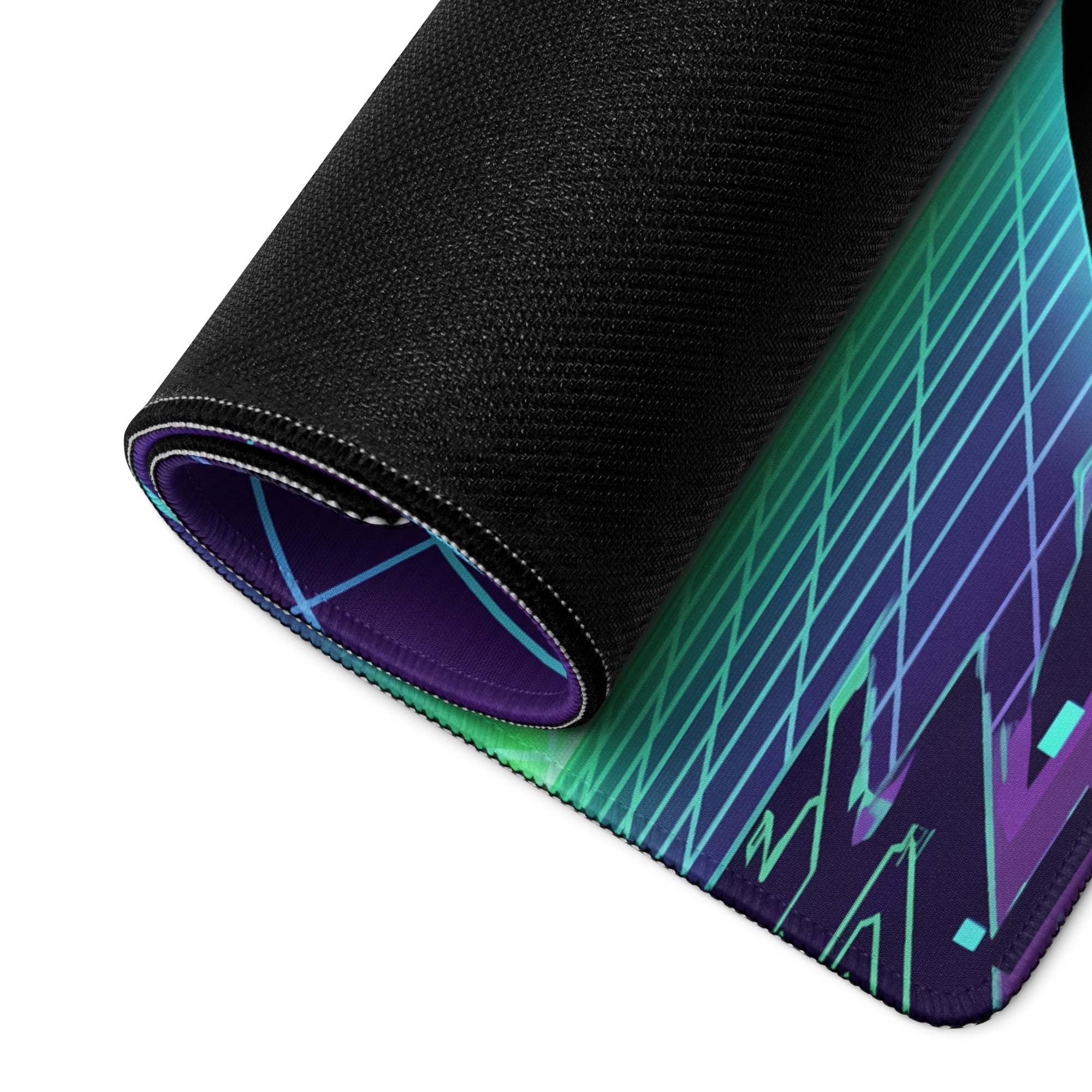 A sleek black gaming mousepad with teal purple and blue vibrant gradient geometric patterns for vaporwave style setup