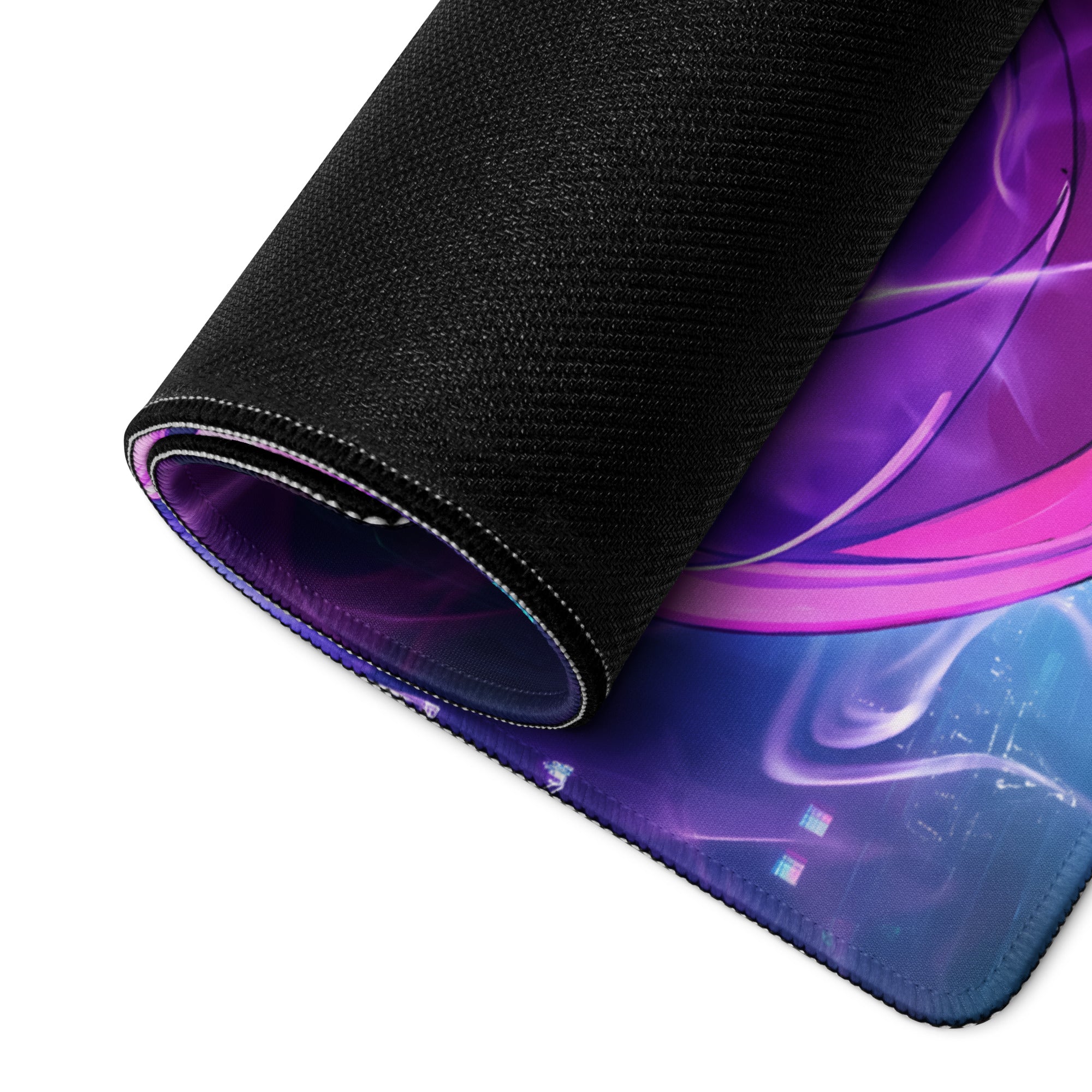 Rolled-up vaporwave neon warrior gaming mouse pad with vibrant purple teal cosmic design and black fabric edges