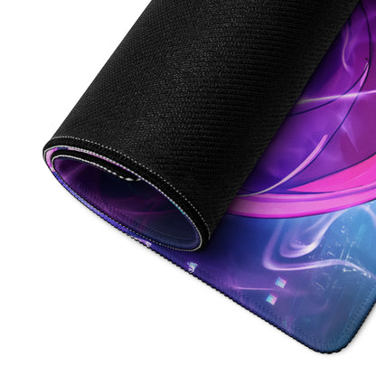Rolled-up vaporwave neon warrior gaming mouse pad with vibrant purple teal cosmic design and black fabric edges