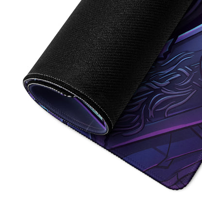 A rolled-up black gaming mousepad with vibrant purple and blue neon vaporwave fantasy glowing patterns