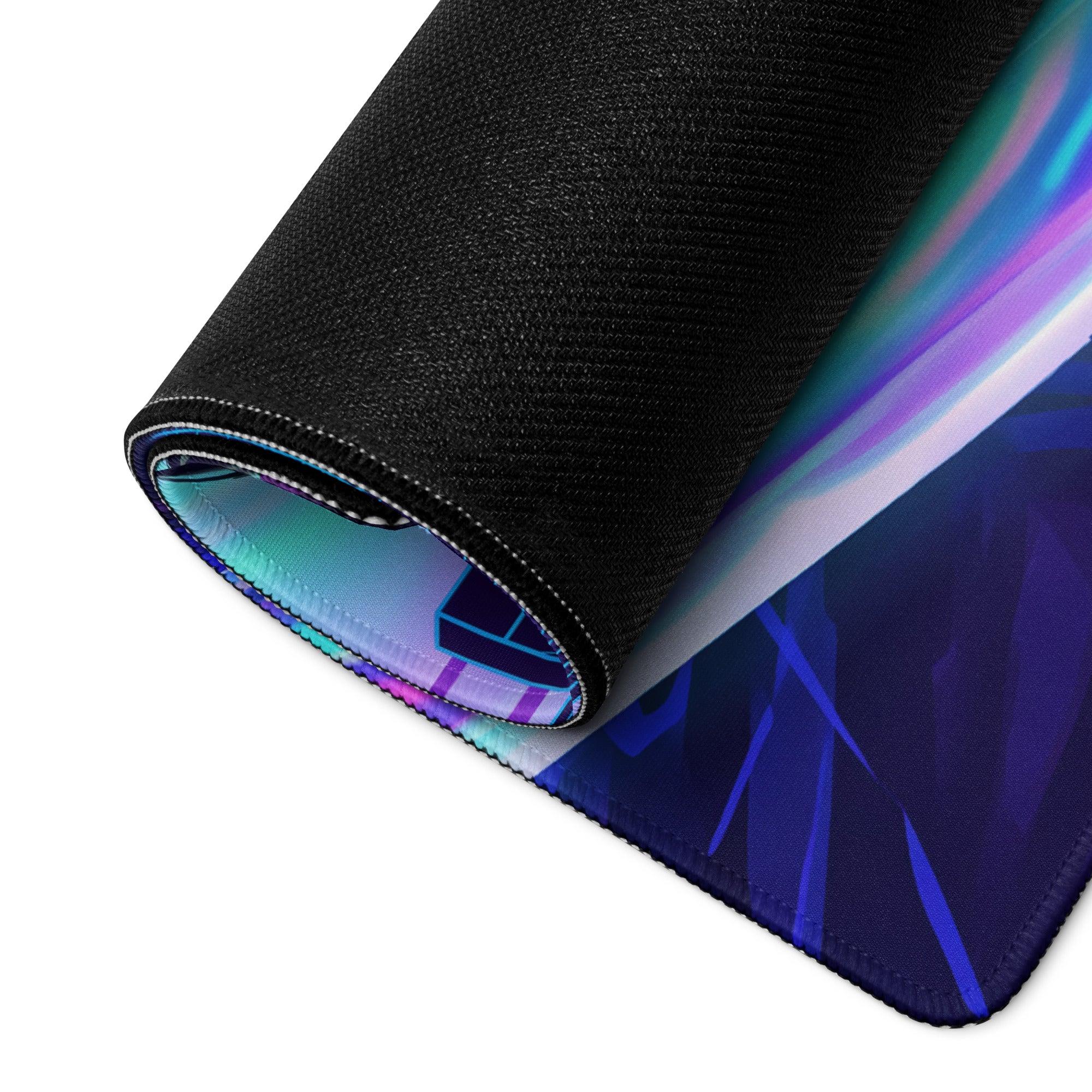 A rolled-up black gaming mouse pad with a vibrant neon purple vaporwave design in blue teal and purple shades