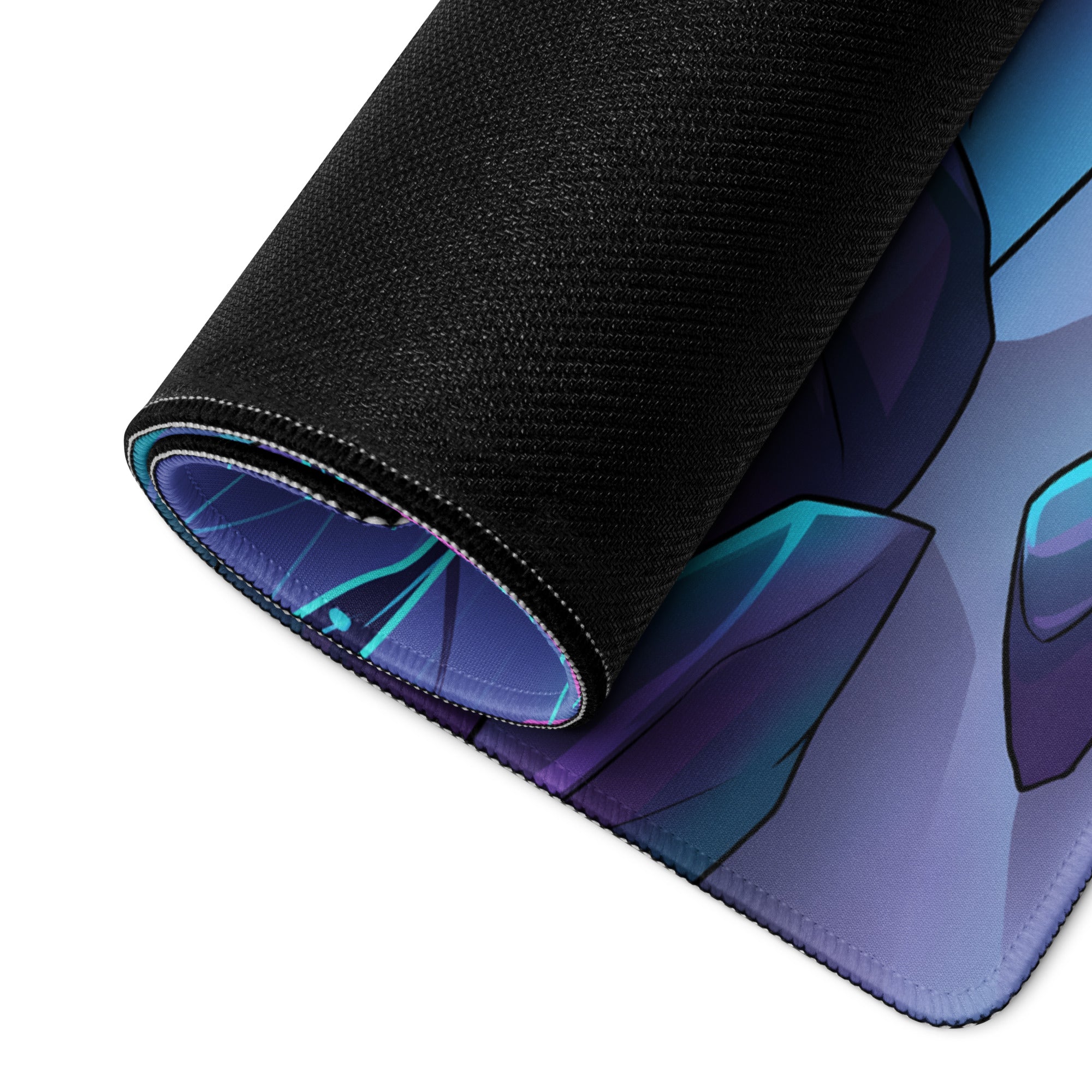 A rolled-up black neon vaporwave gaming mouse pad with vibrant purple and teal anime-style cyberpunk illustration