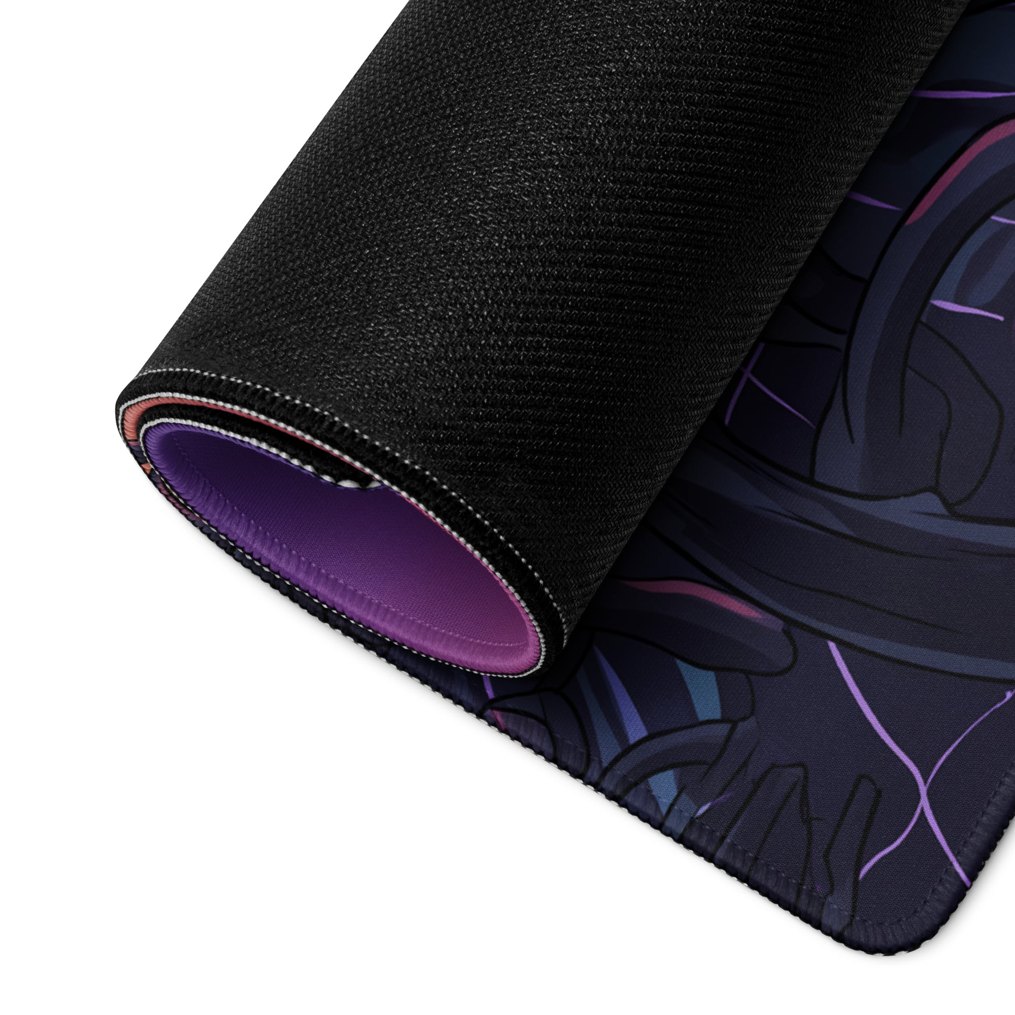 Black and purple neon vaporwave galaxy gaming mouse pad with textured outer surface for retro neon decor desk use