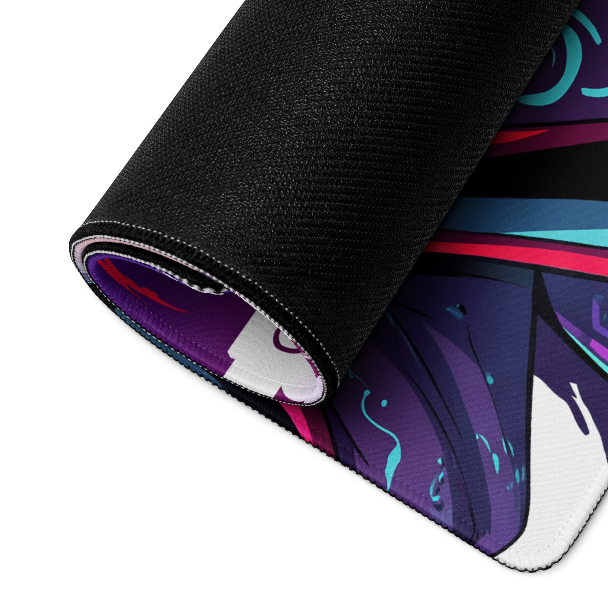 A rolled-up black anime desk mat featuring a vibrant vaporwave neon samurai design with purple pink and teal accents