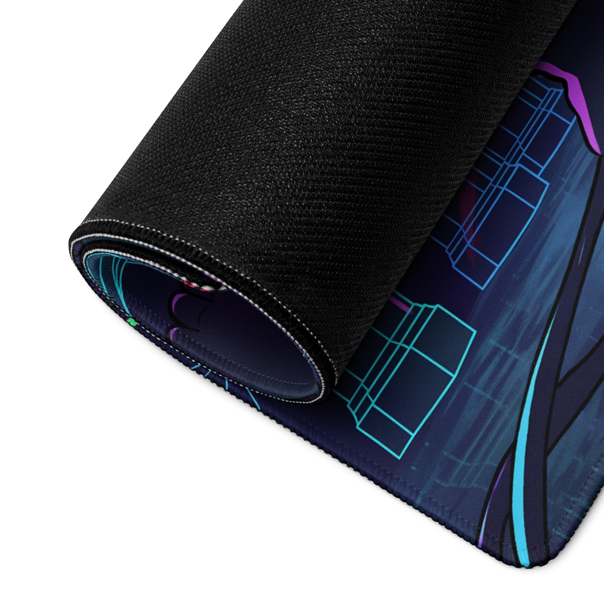 A rolled-up black gaming mousepad with vibrant neon blue and purple cyberpunk cityscape geometric design