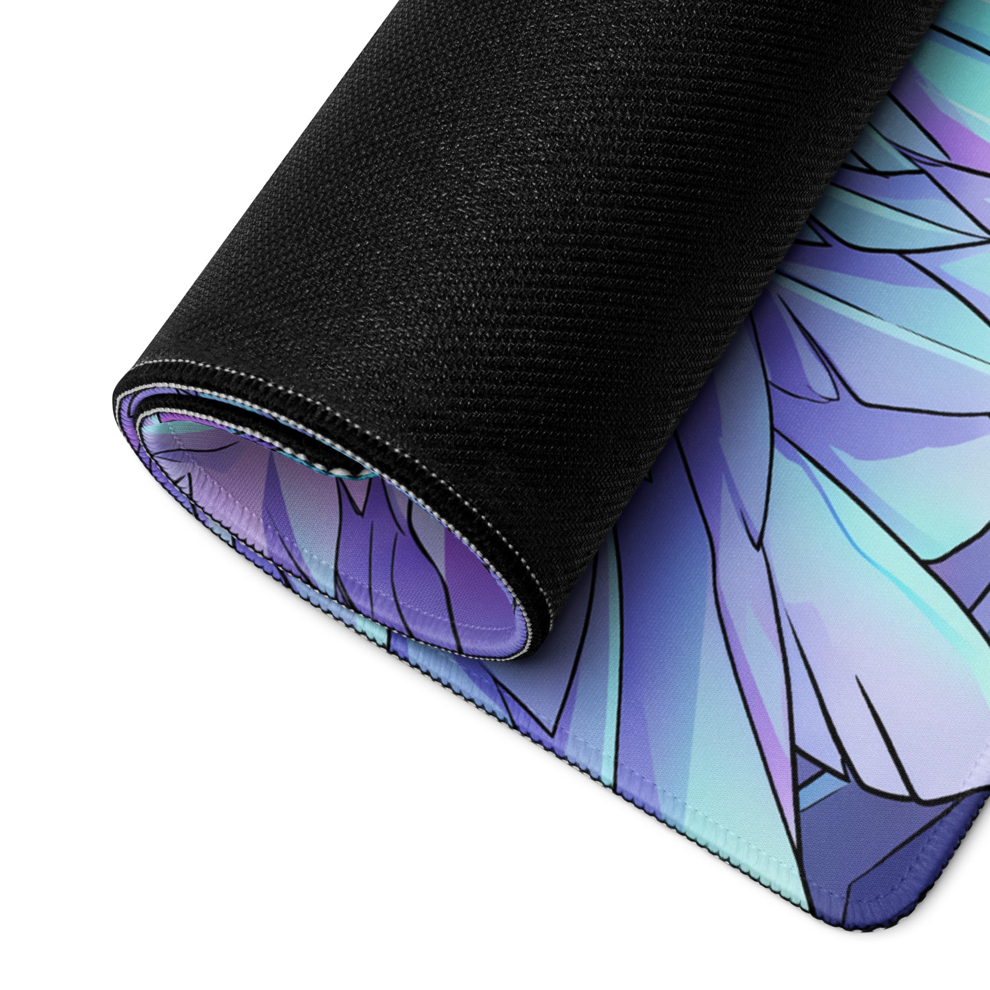 A rolled-up vaporwave angel city pad gaming mousepad with vibrant purple blue gradient angel wings design