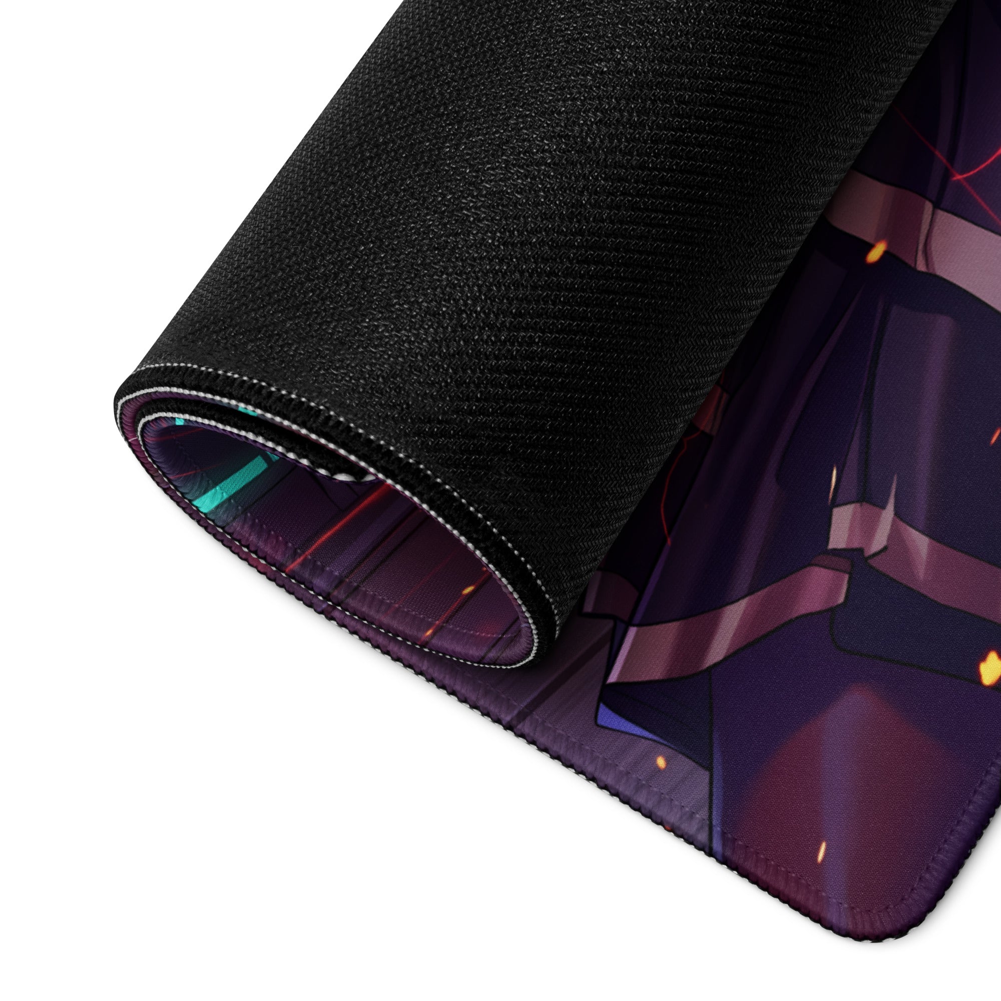 Black rolled vaporwave neon valkyrie gaming mousepad with vibrant purple blue anime design and glowing orange accents