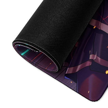 Black rolled vaporwave neon valkyrie gaming mousepad with vibrant purple blue anime design and glowing orange accents