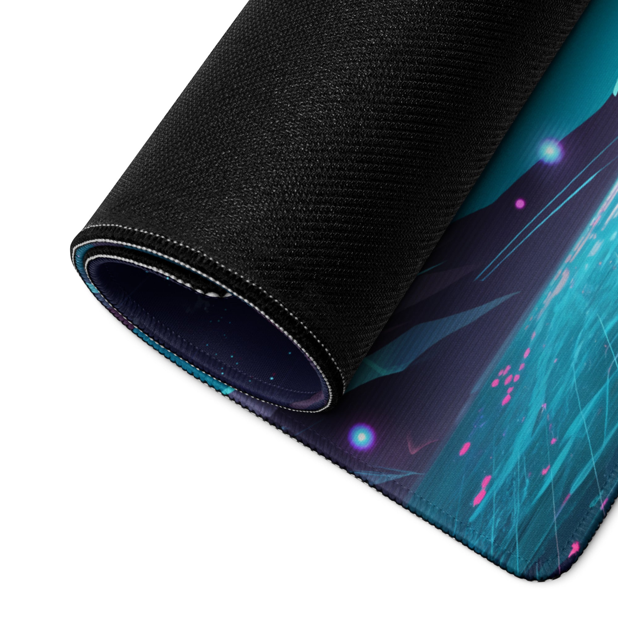 A rolled-up black gaming mousepad with a vibrant teal purple and pink cosmic vaporwave design for desk use