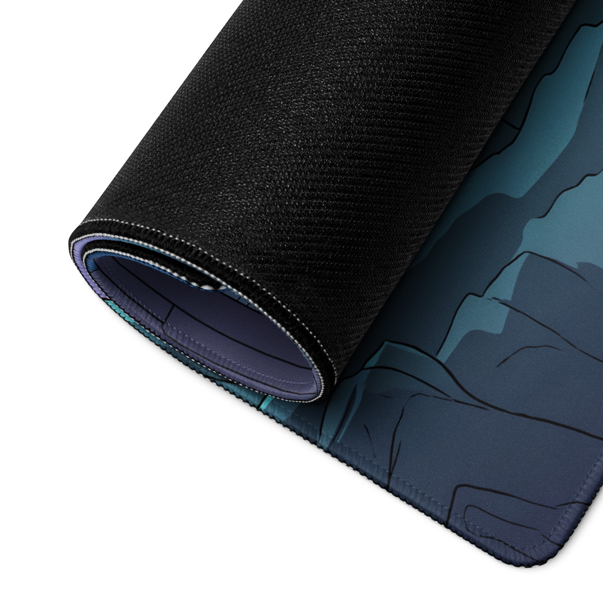 Black textured vaporwave dragon neon desk mat with rolled edge featuring teal and dark blue mountain landscape design