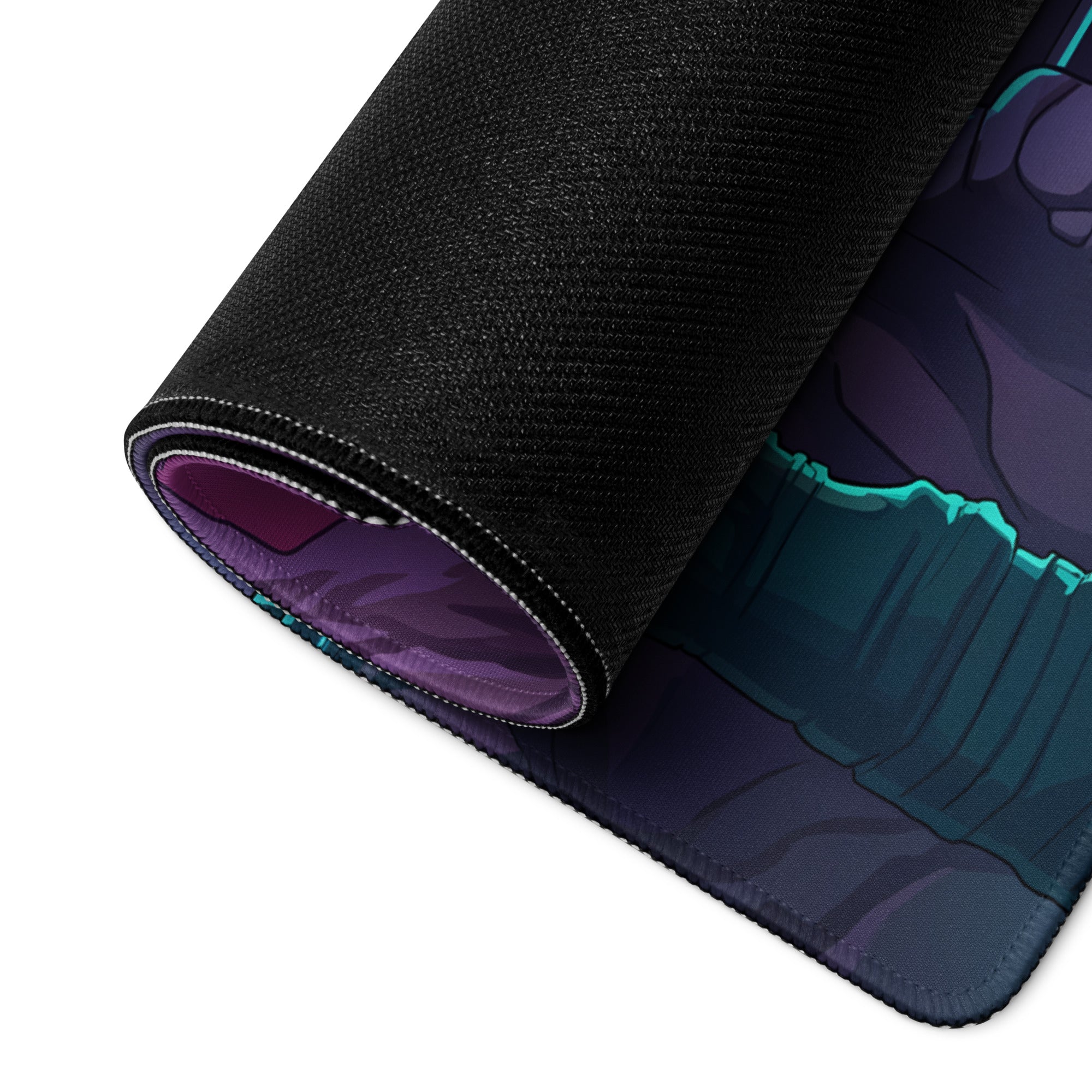 Black textured gaming mouse pad with rolled edge showing purple and teal vaporwave portal neon artwork underneath