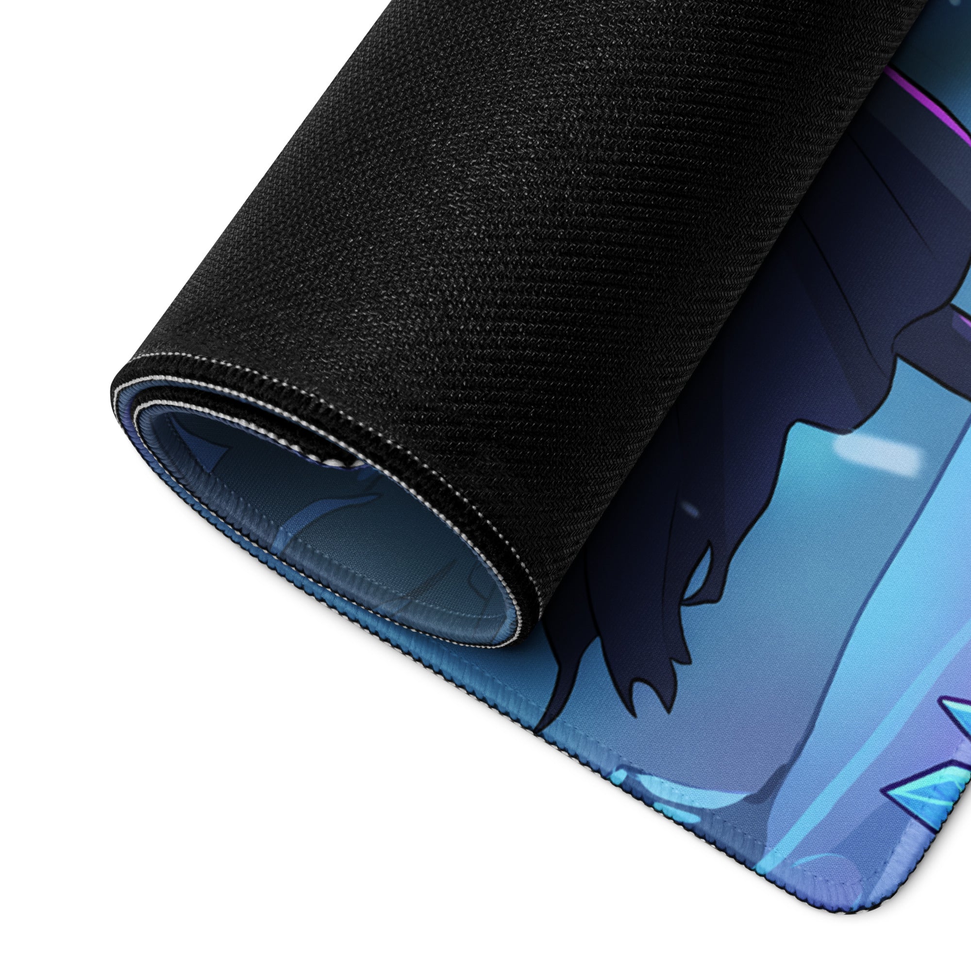 Black textured gaming mouse pad with rolled edge and anime-style blue and purple neon vaporwave design