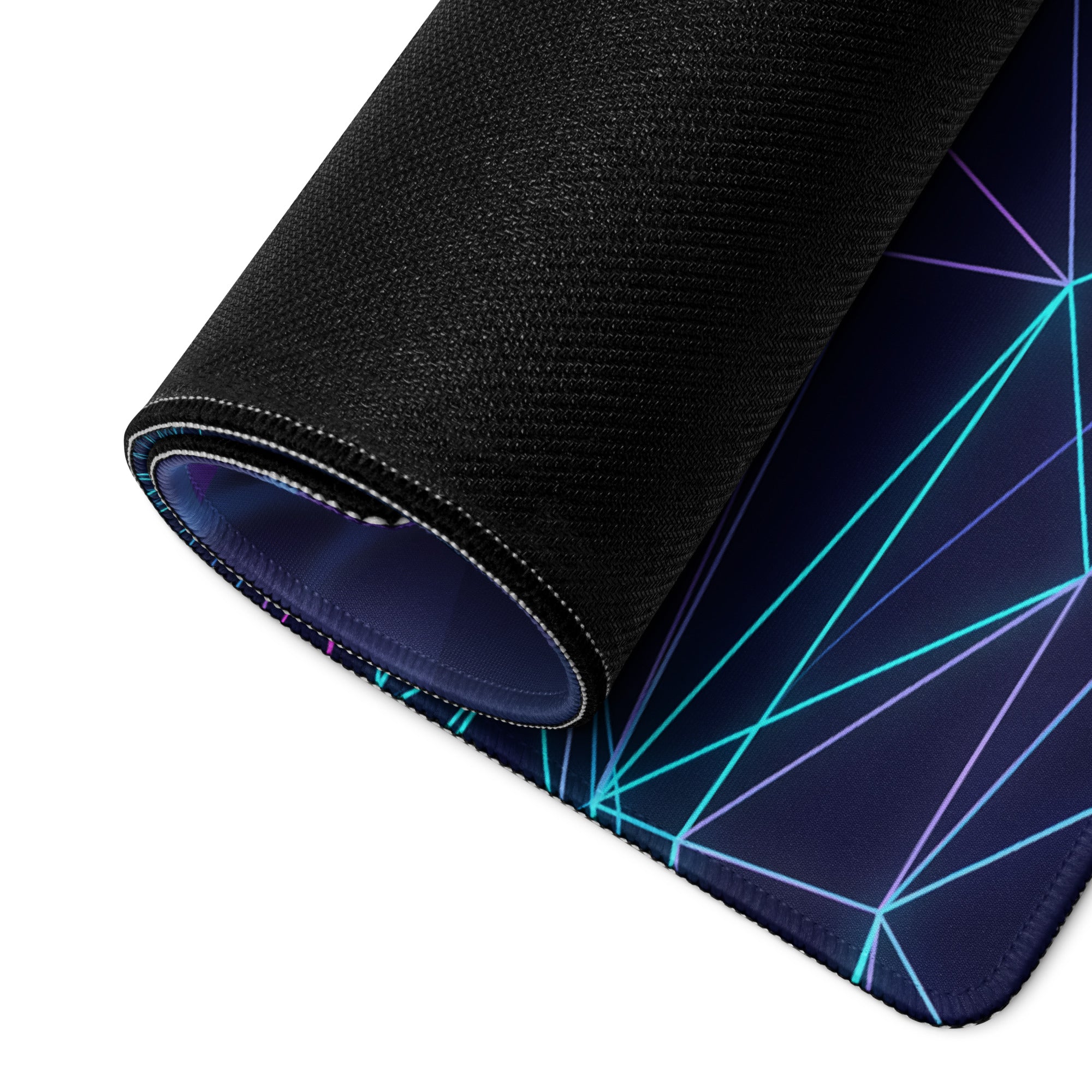 A rolled-up black gaming mousepad with a vaporwave neon geometric design in cyan purple on dark blue background