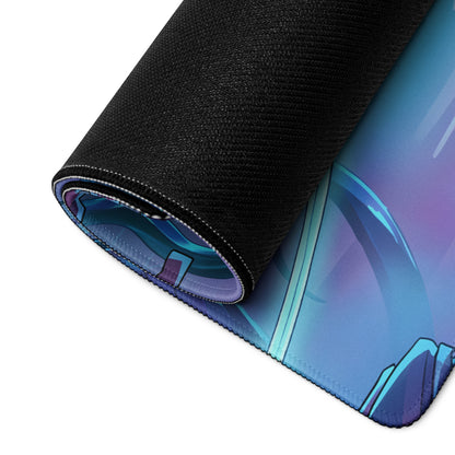 A rolled-up neon vaporwave night city mouse pad with blue and purple gradient geometric design in black fabric