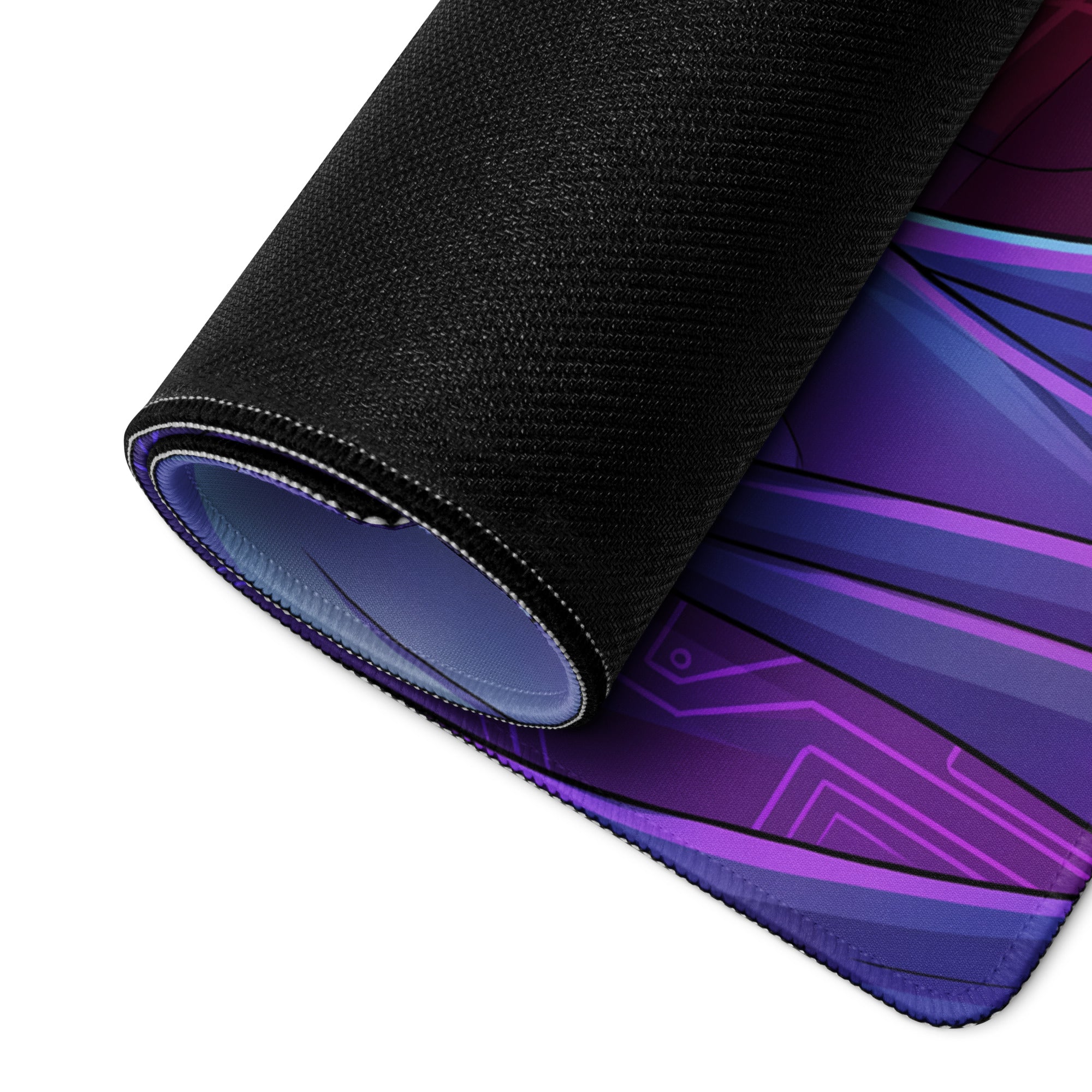 Rolled-up neon knight vaporwave mouse pad with vibrant purple blue circuit board design black fabric edges and white stitching