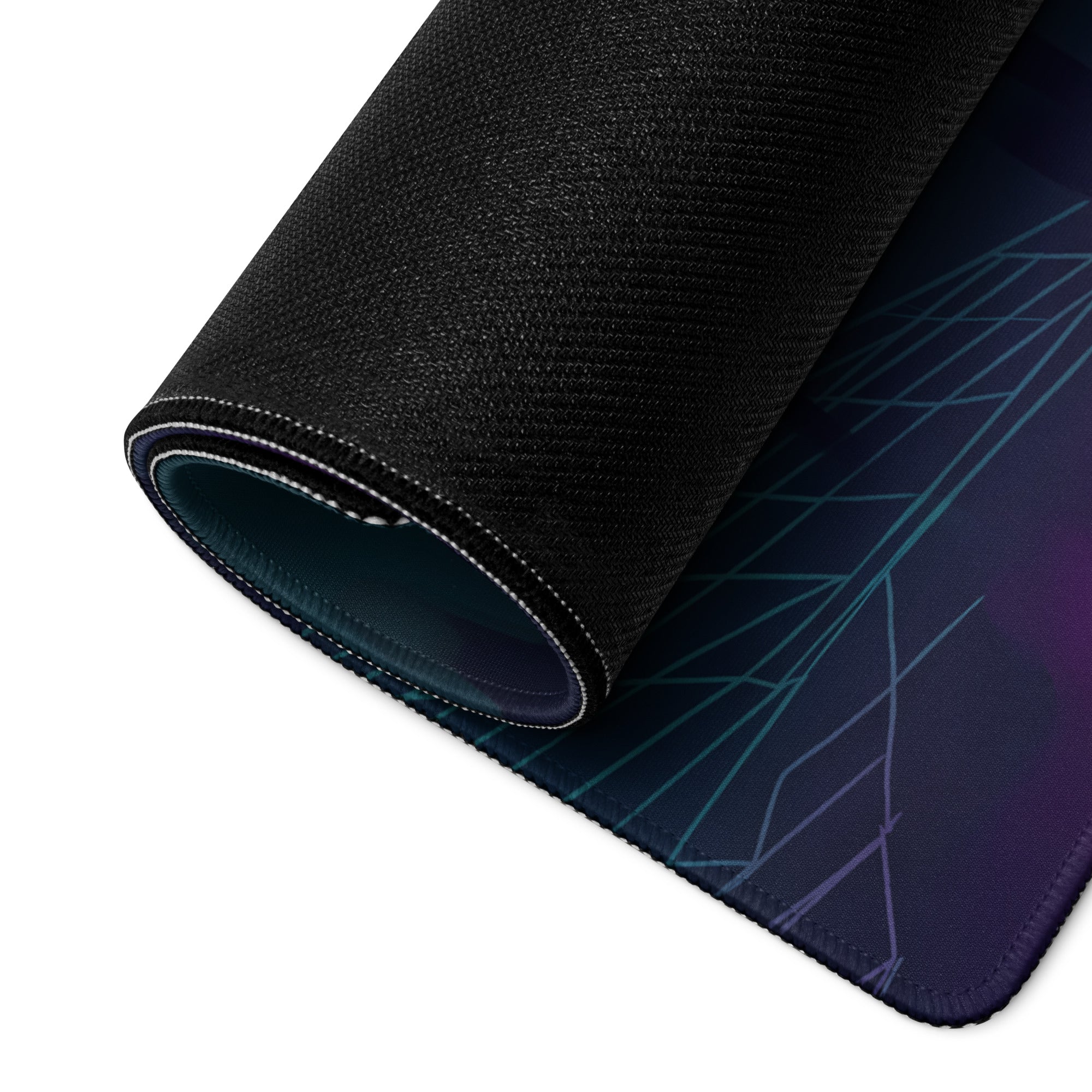 Black textured gaming mousepad with teal and purple geometric gradient lines vaporwave neon owl design