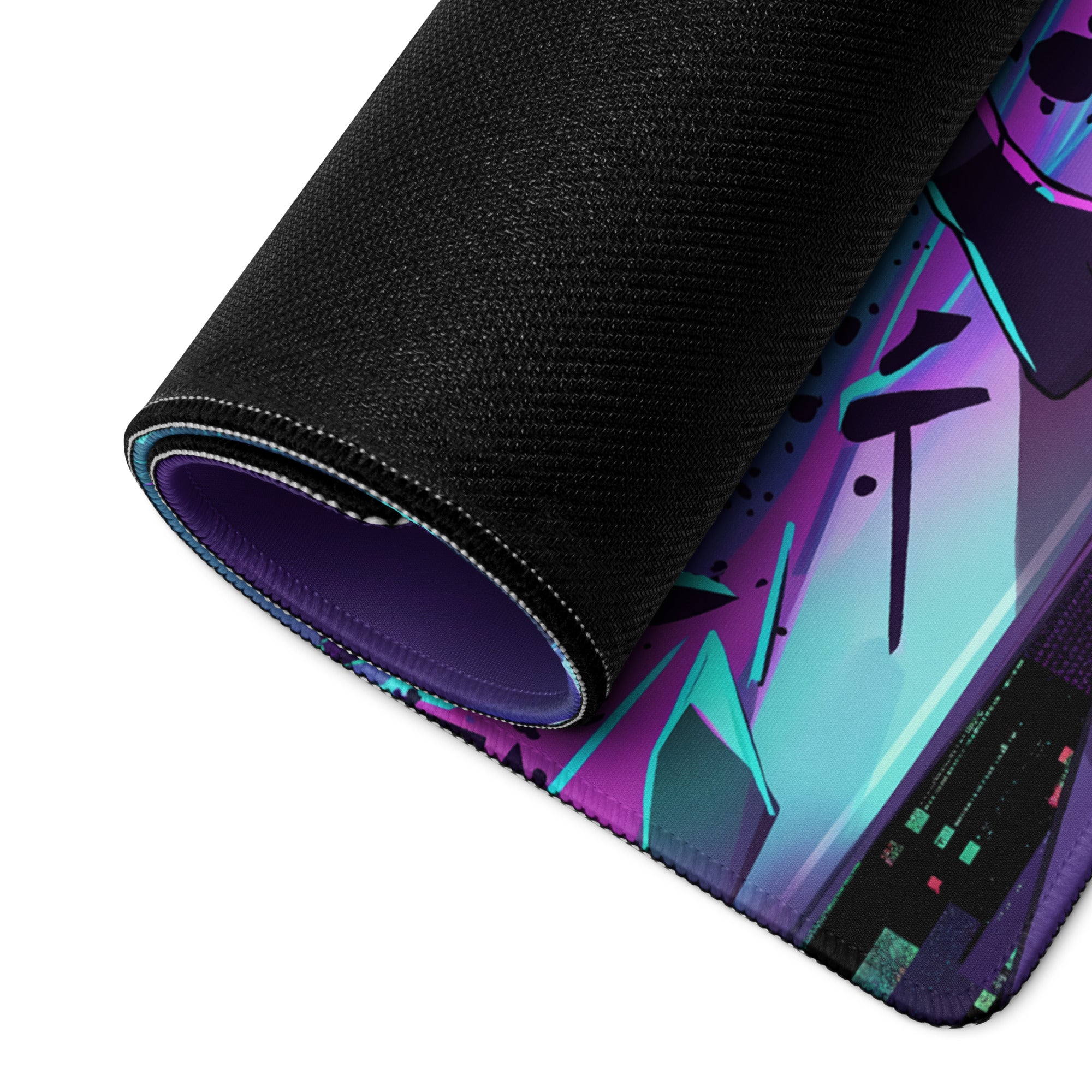 A rolled-up neon vaporwave grid gaming mouse pad with vibrant purple teal futuristic cityscape design and black accents