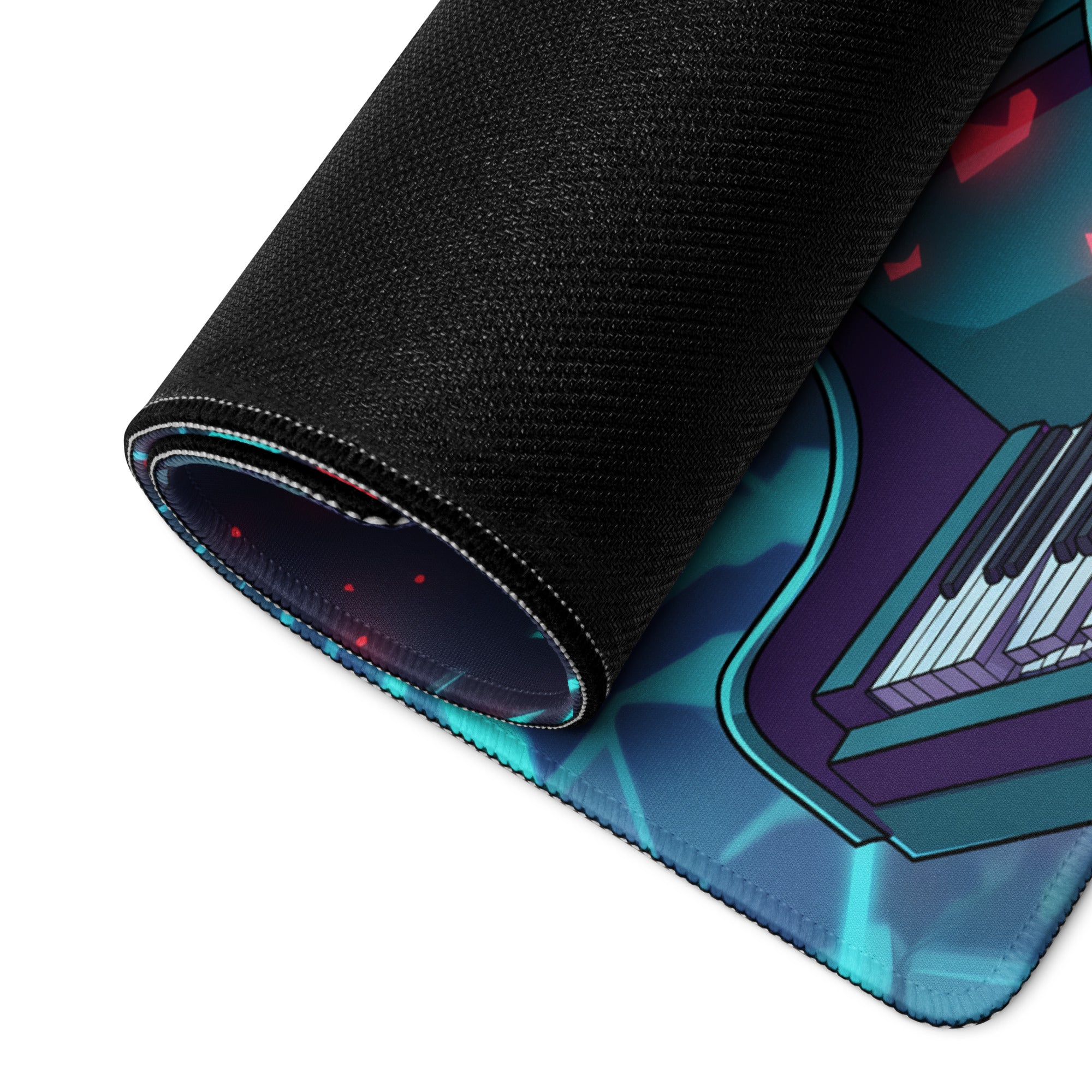 Rolled-up black gaming mousepad with a vibrant teal and purple piano and glowing red accents vaporwave neon style