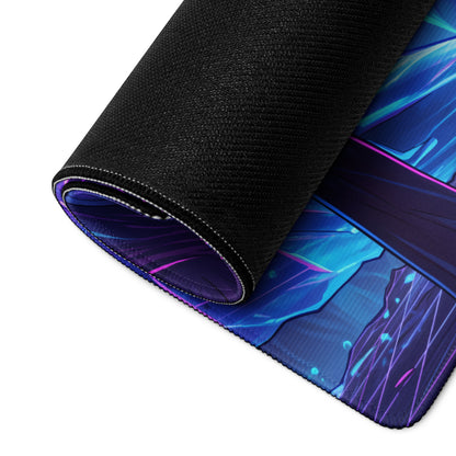 Rolled-up neon dragon vaporwave gaming mouse pad with vibrant blue and purple cosmic design and black fabric edges