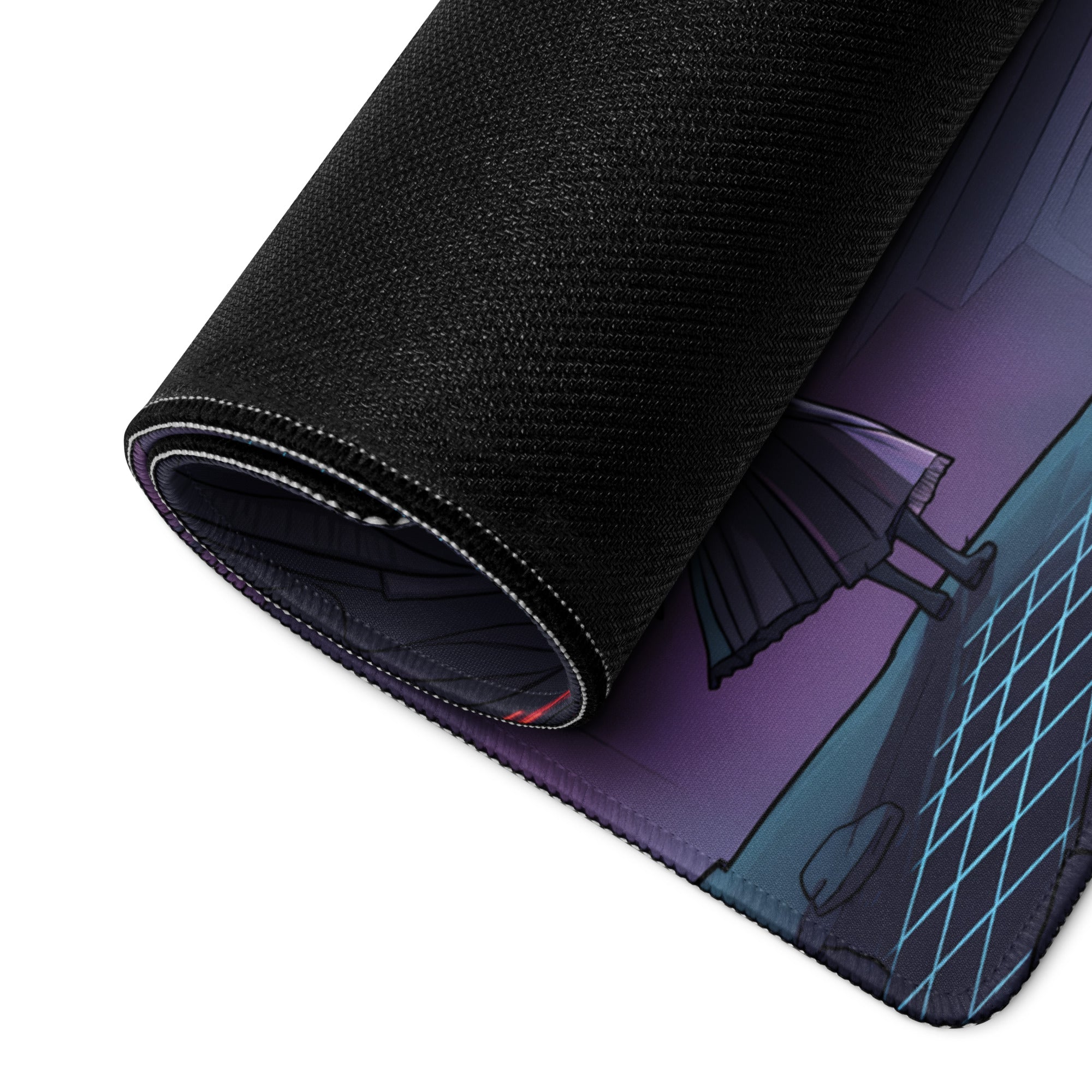 Black textured mousepad with rolled edge featuring anime-style character in dark purple teal neon dragon vaporwave design