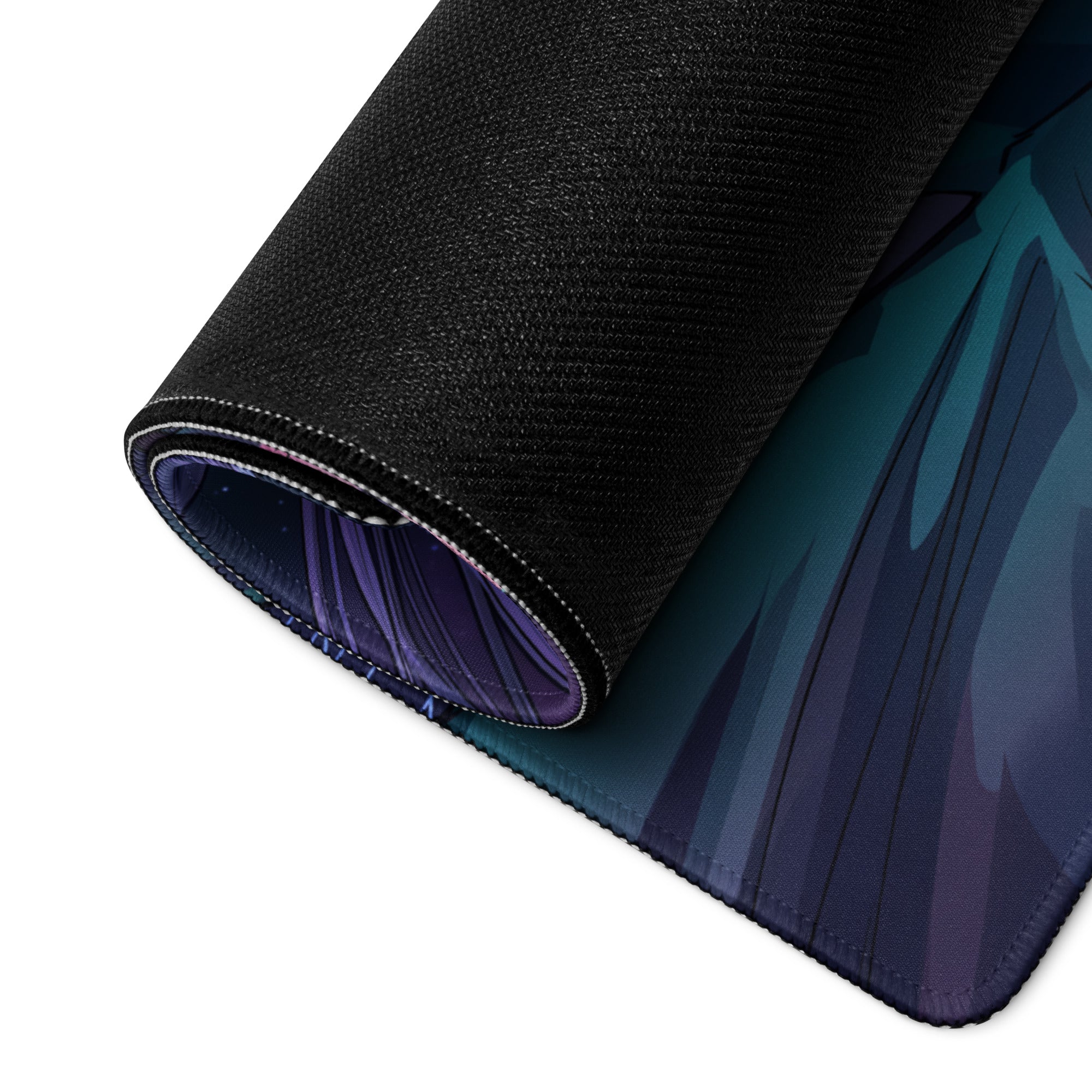 Black textured mousepad with rolled edge featuring teal and purple mountains vaporwave neon night design