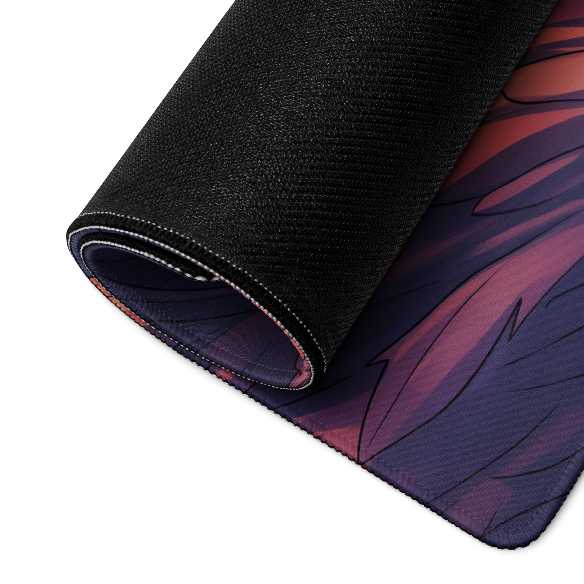Rolled-up black vaporwave neon valkyrie gaming mouse pad with vibrant purple red anime-style design