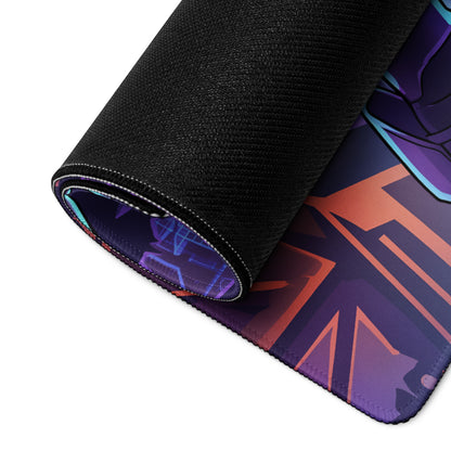 A rolled-up vaporwave neon hero gaming mouse pad with vibrant purple orange geometric design and black textured underside
