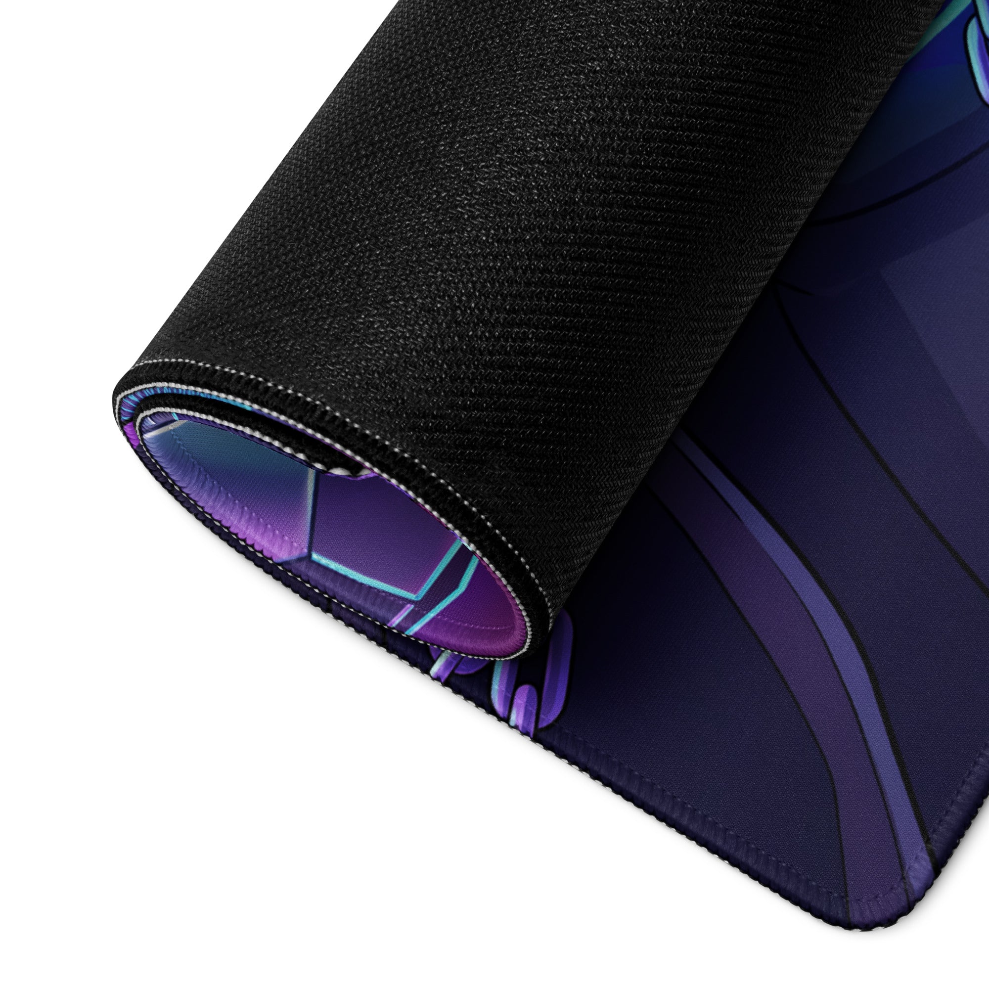 A rolled-up black gaming mousepad with a vibrant purple and blue neon vaporwave warrior anime design edge