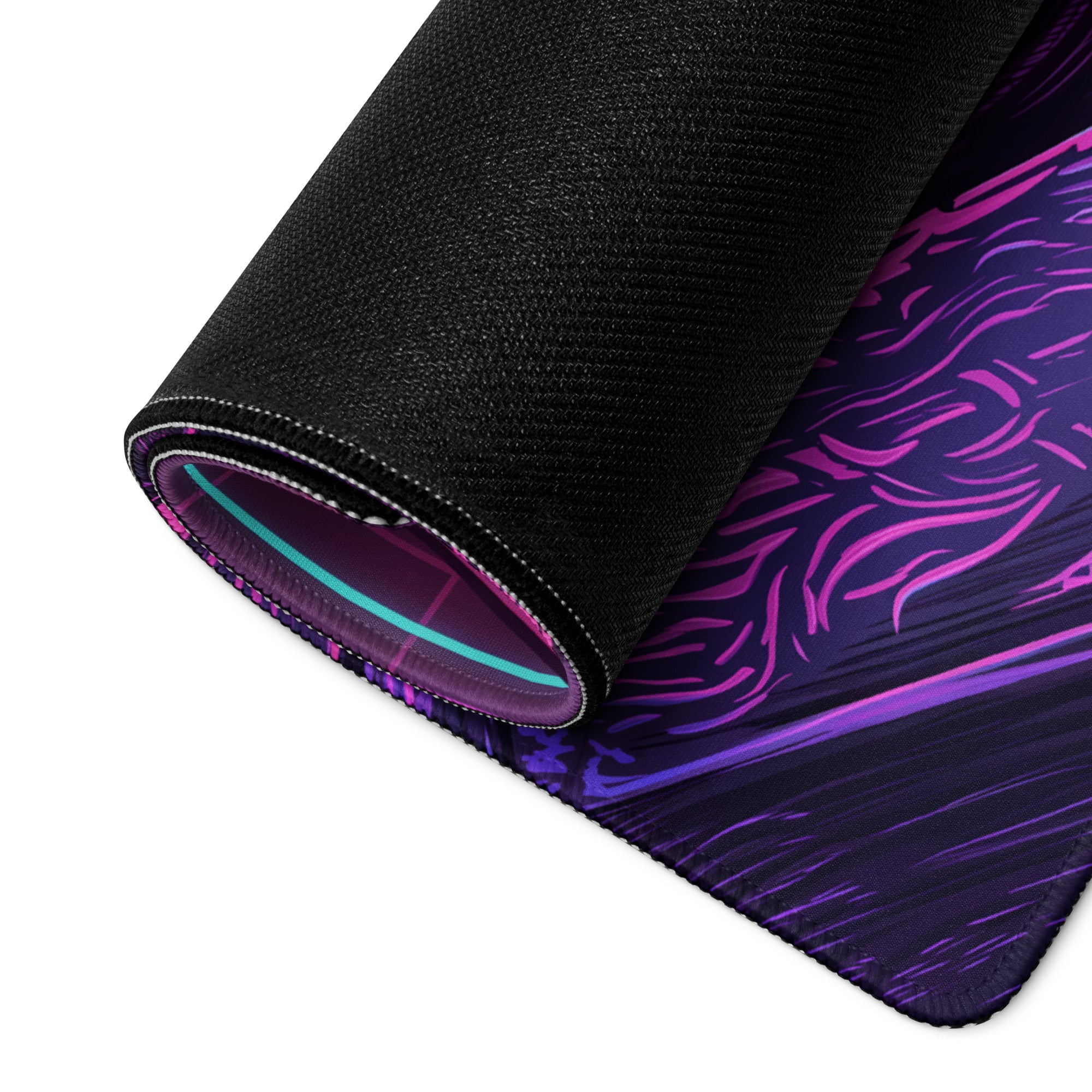A rolled-up black gaming mouse pad with a vibrant purple pink vaporwave neon abstract design for desktop setup