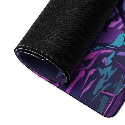 A rolled-up neon vaporwave mouse pad with vibrant purple and teal abstract design and black textured outer layer