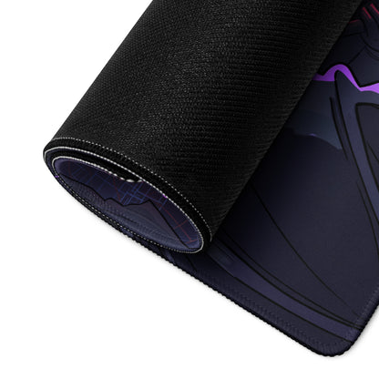 Black textured gaming mousepad with purple and dark blue neon vaporwave skeleton design for cyberpunk desk decor
