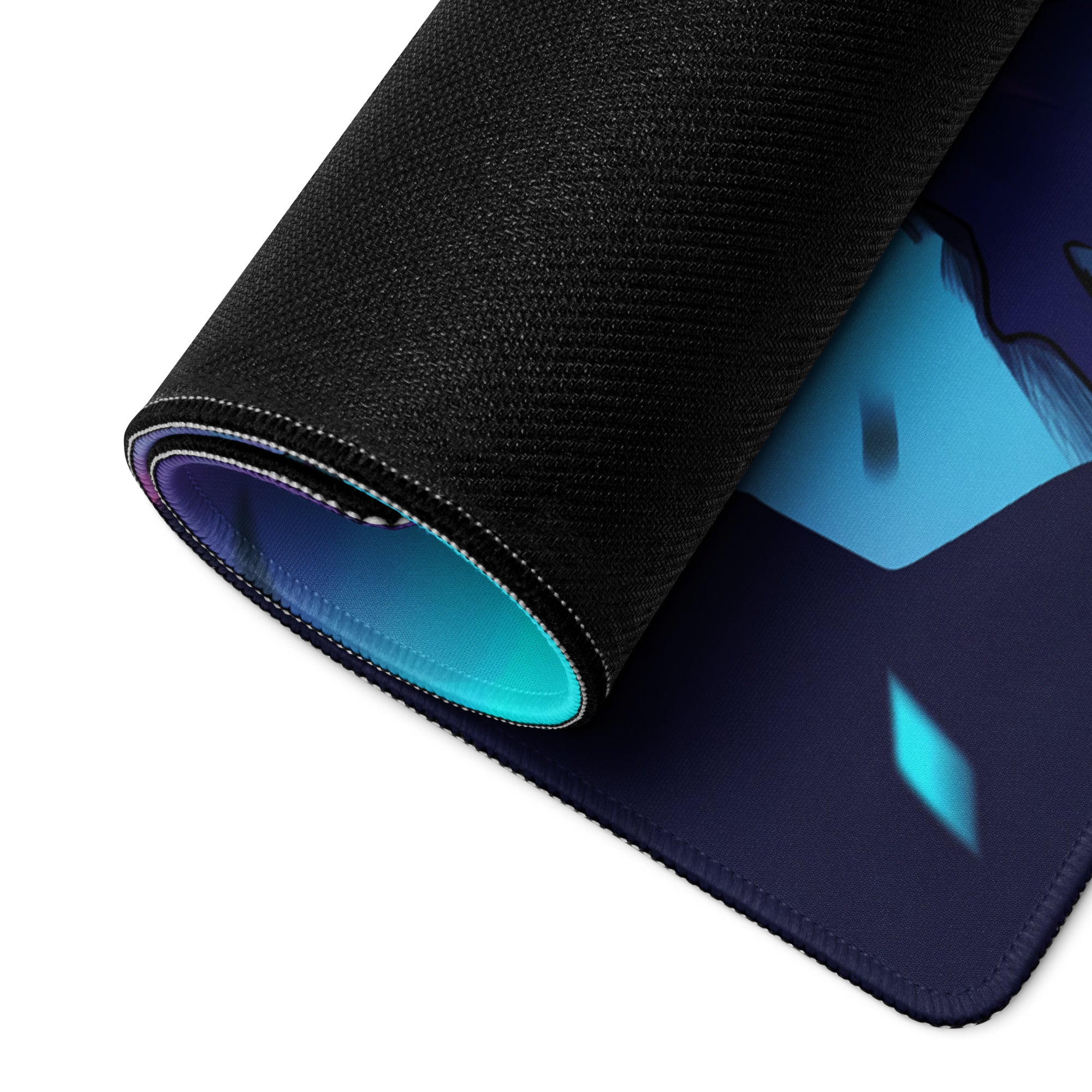 Black neon knight vaporwave gaming mouse pad with rolled edge showing vibrant blue and purple gradient anime design