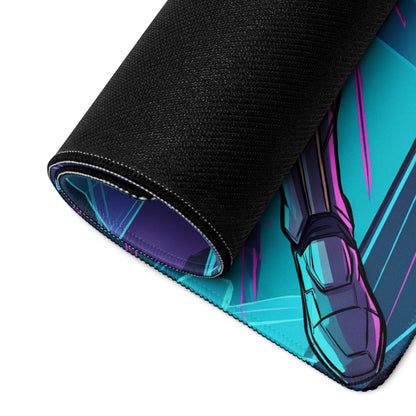 A rolled-up neon vaporwave gamer mouse pad featuring a vibrant blue and purple armored boot graphic
